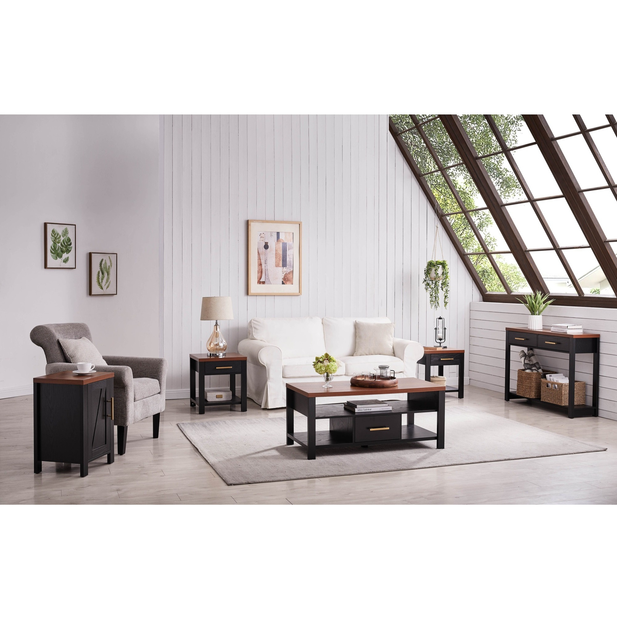 Duquette 3 Piece Coffee Table Set With Drawers & Open Shelves, Black & Walnut