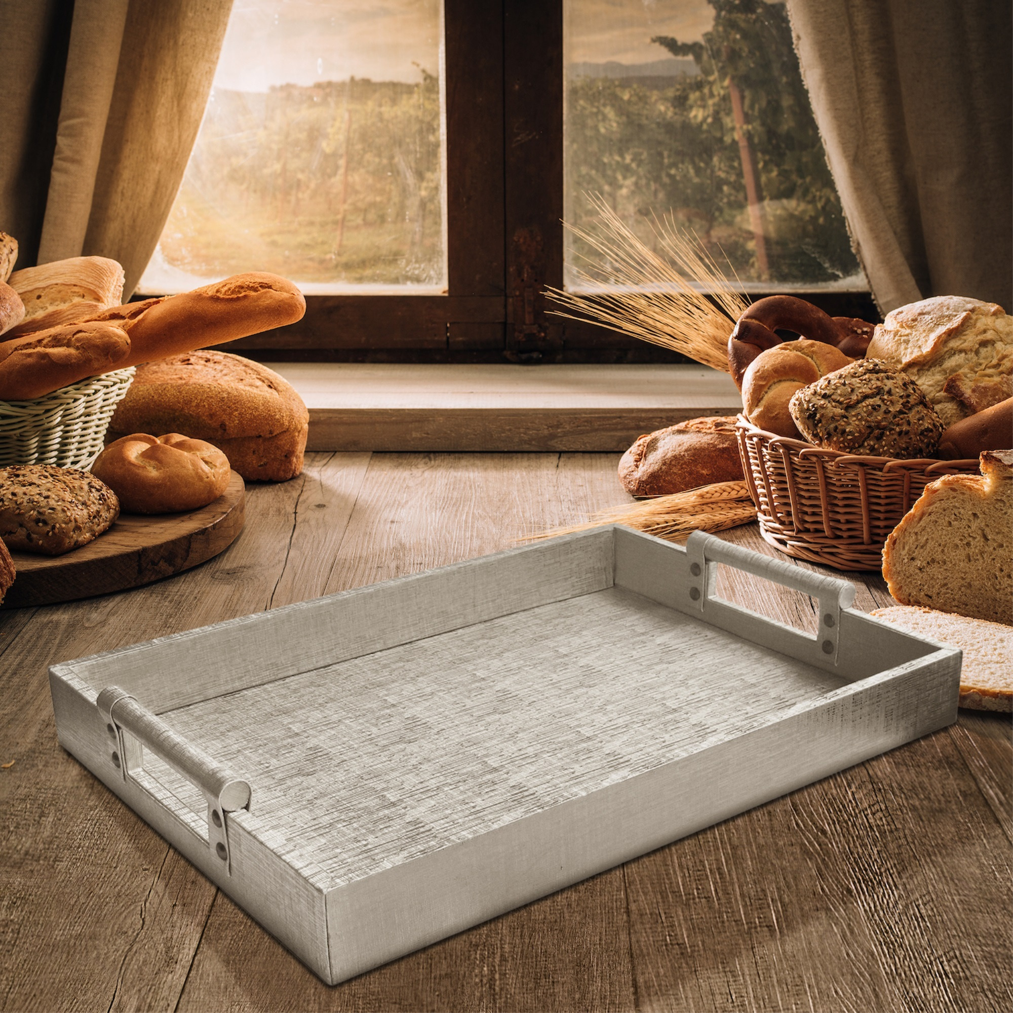 Silver Finished Leather and Wood Serveware Tray With Handles 14X19"