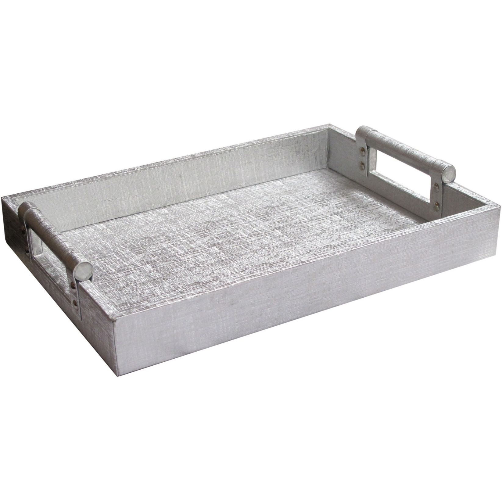 Silver Finished Leather and Wood Serveware Tray With Handles 14X19"