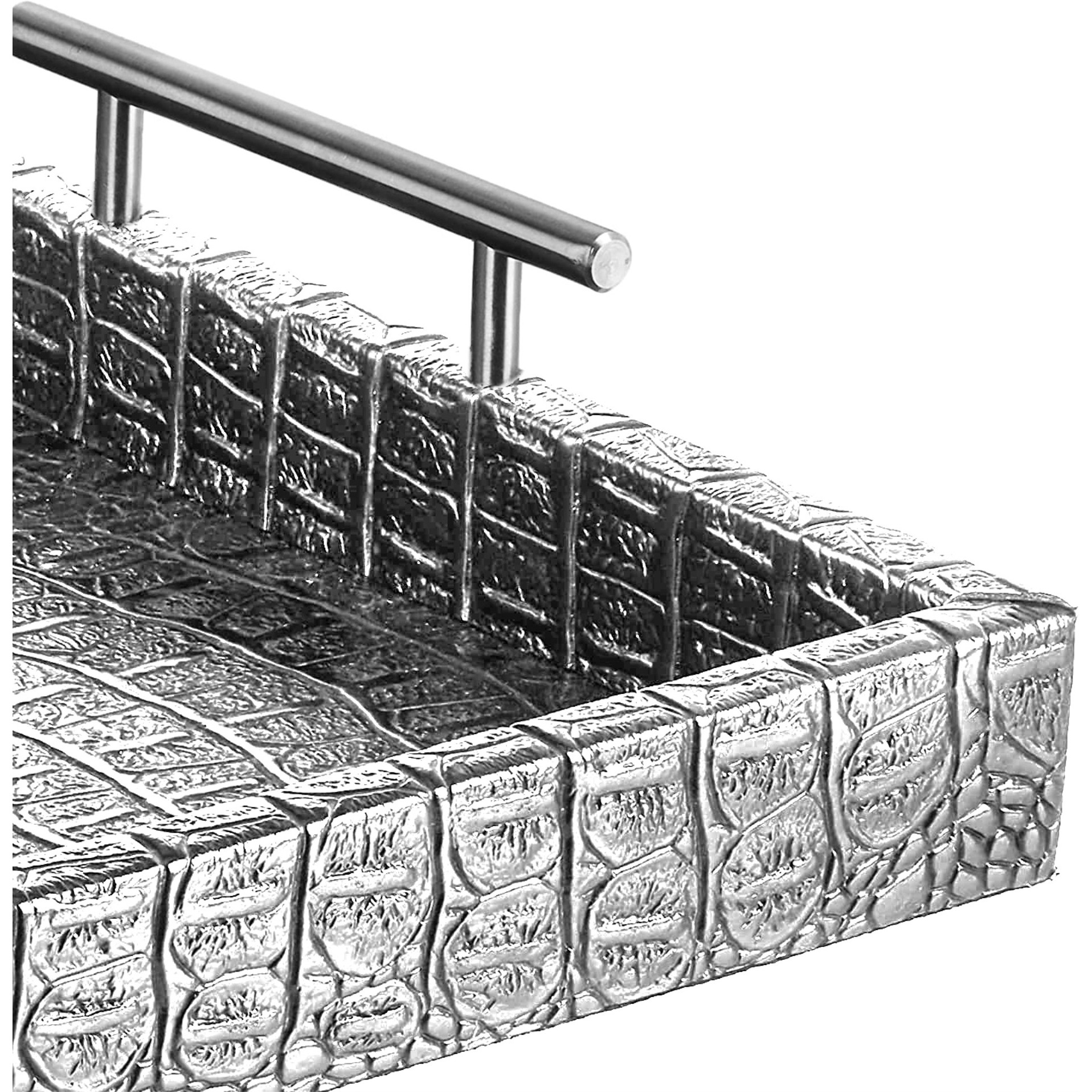 Alligator Silver Finished Rectangular Serveware Tray With Metal Handles 14X19"