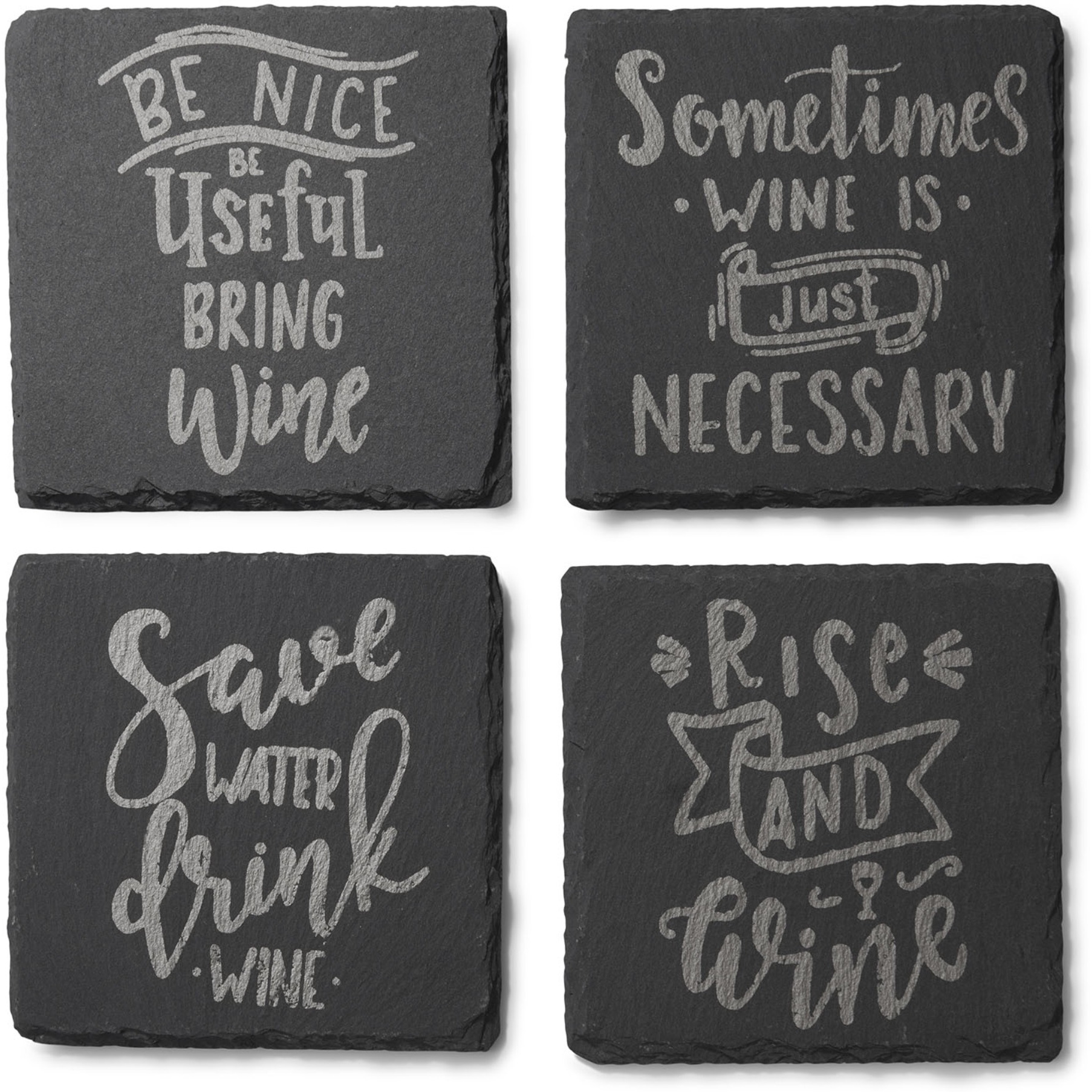 Wine Is Necessary Slate  Coasters Silver Set of 4, Square 4X4"
