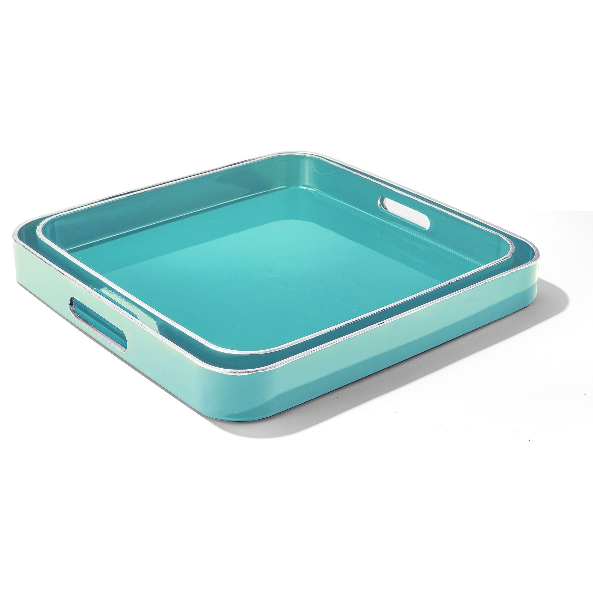 Turquoise Square Set of 2 Serveware Trays With Silver Rim LG 14.76 x 14.76 X 1.96" , SM 13.39 x 13.39 x 1.77"