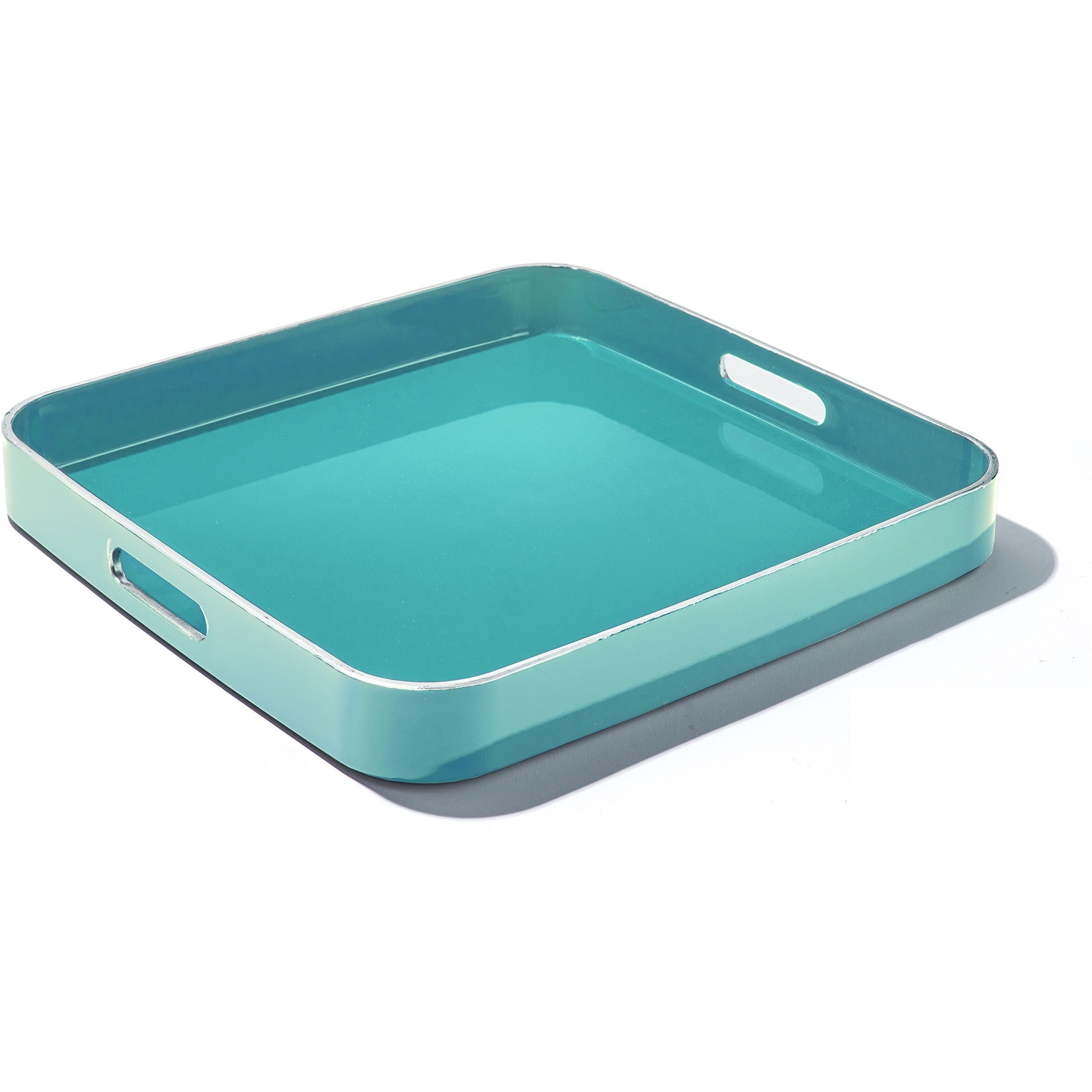 Turquoise Square Set of 2 Serveware Trays With Silver Rim LG 14.76 x 14.76 X 1.96" , SM 13.39 x 13.39 x 1.77"