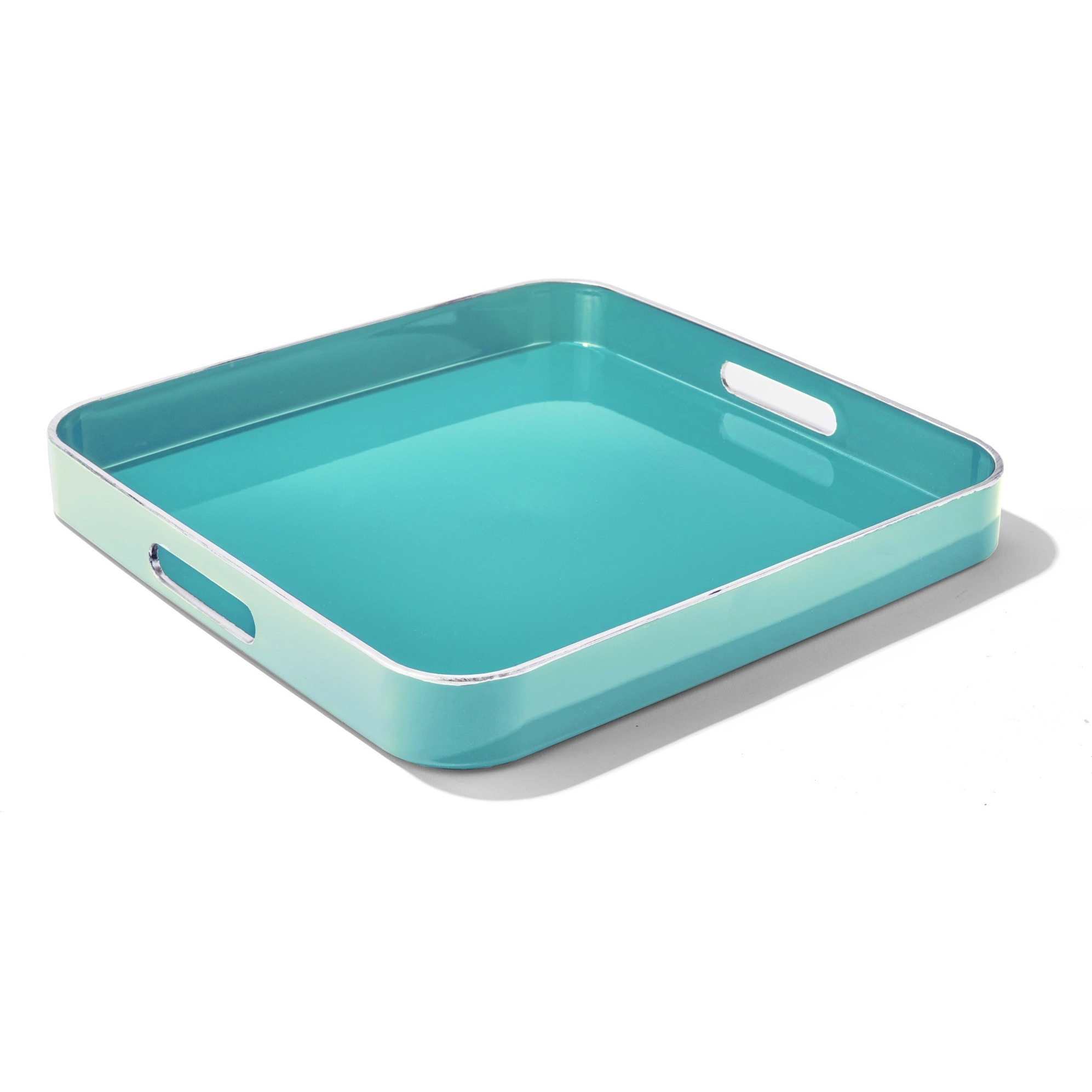 Turquoise Square Set of 2 Serveware Trays With Silver Rim LG 14.76 x 14.76 X 1.96" , SM 13.39 x 13.39 x 1.77"