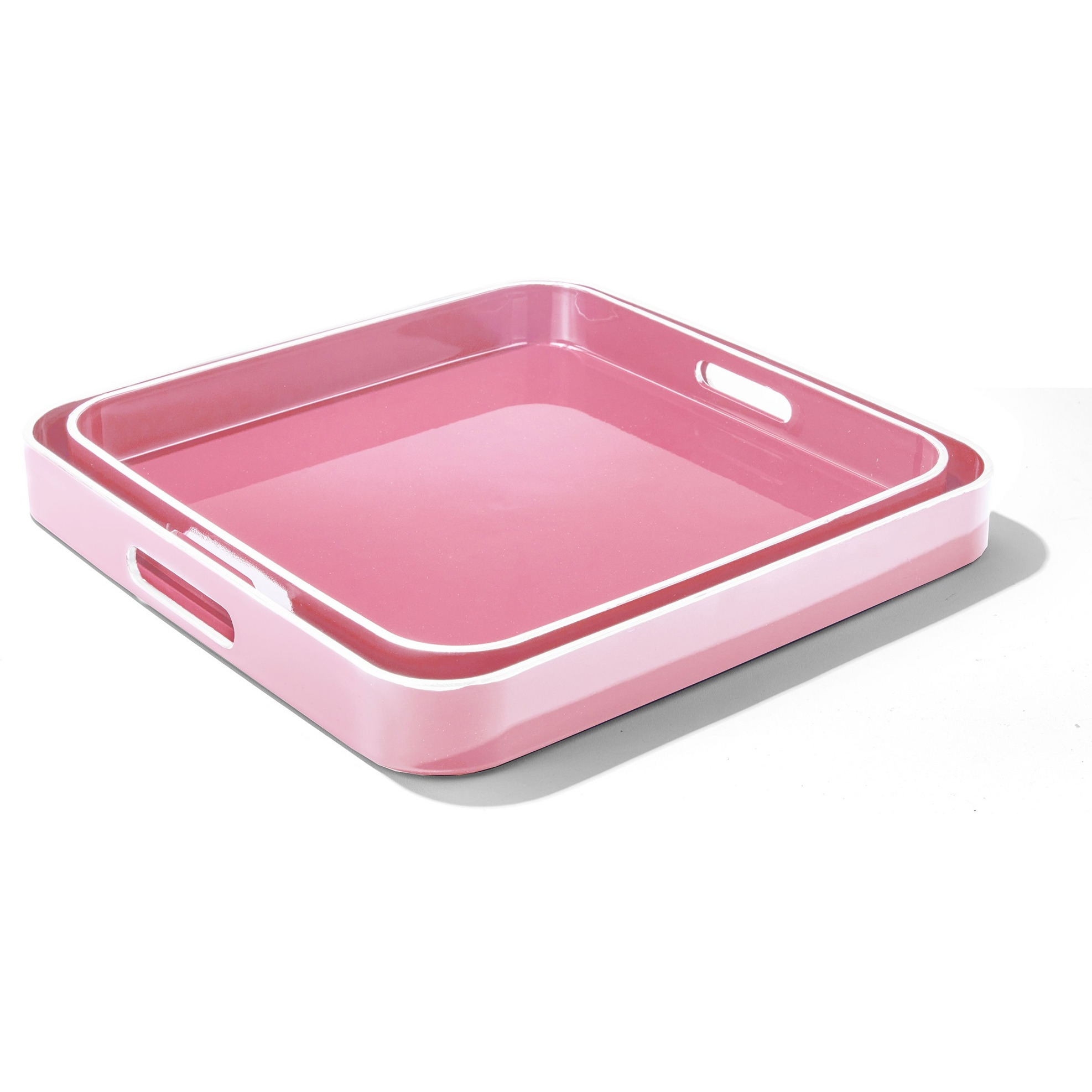 Pink Square Set of 2 Serveware Trays With White Rim LG 14.76 X 1476 X 1.96" , SM 13.39 X 13.39 X 1.77"
