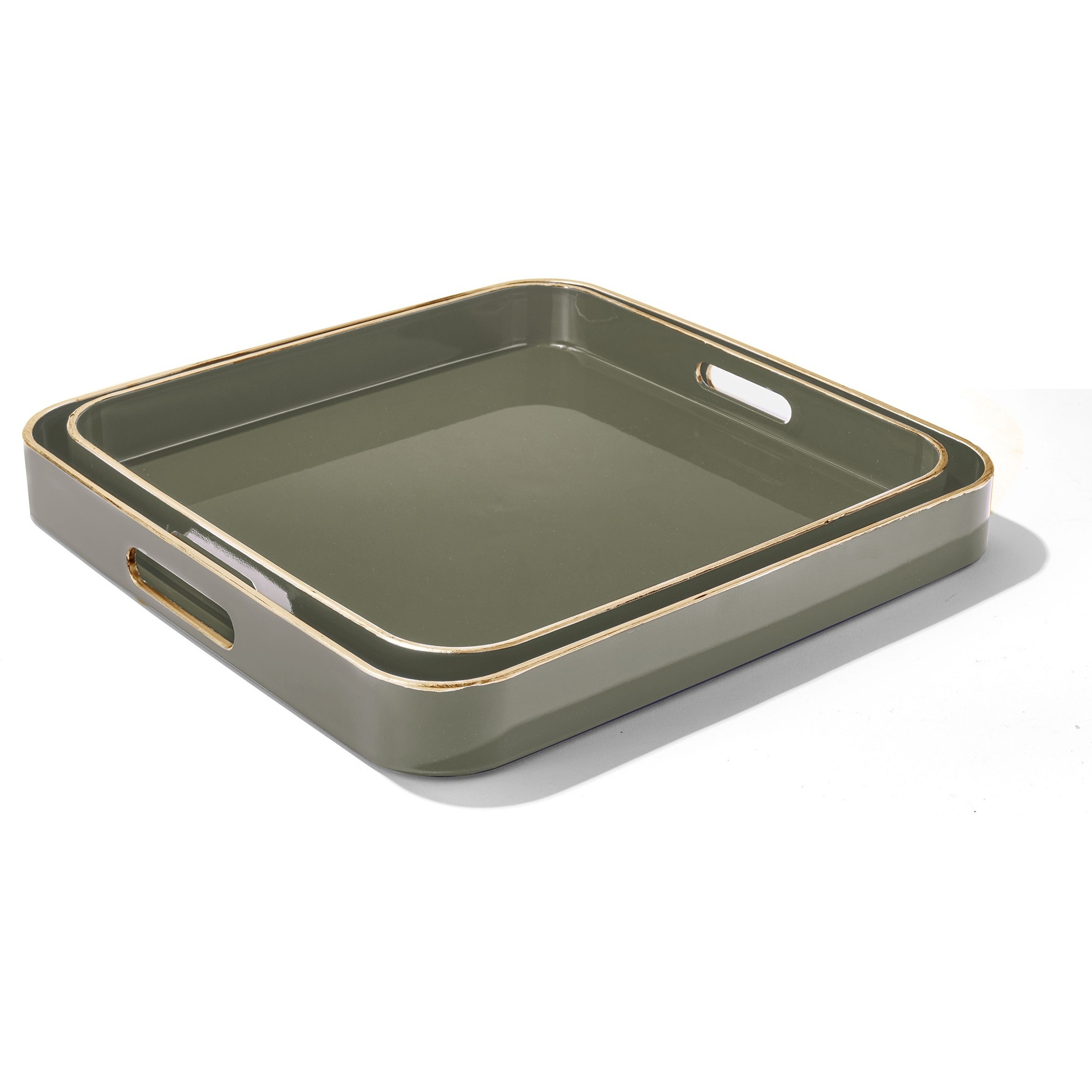 Sage Square Set of 2 Serveware Trays With Gold Rim LG 14.76 X 1476 X 1.96", SM 13.39 X 13.39 X 1.77"