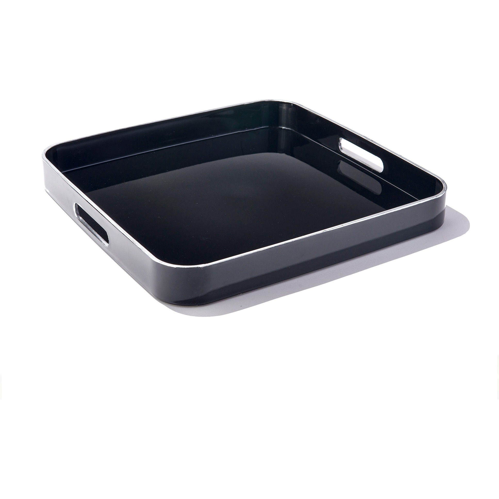 Black Square Set of 2 Serveware Trays With Silver Rim & Handles LG 14.76 X 14.76 X 1.96", SM 13.39 X 13.39 X 1.77"