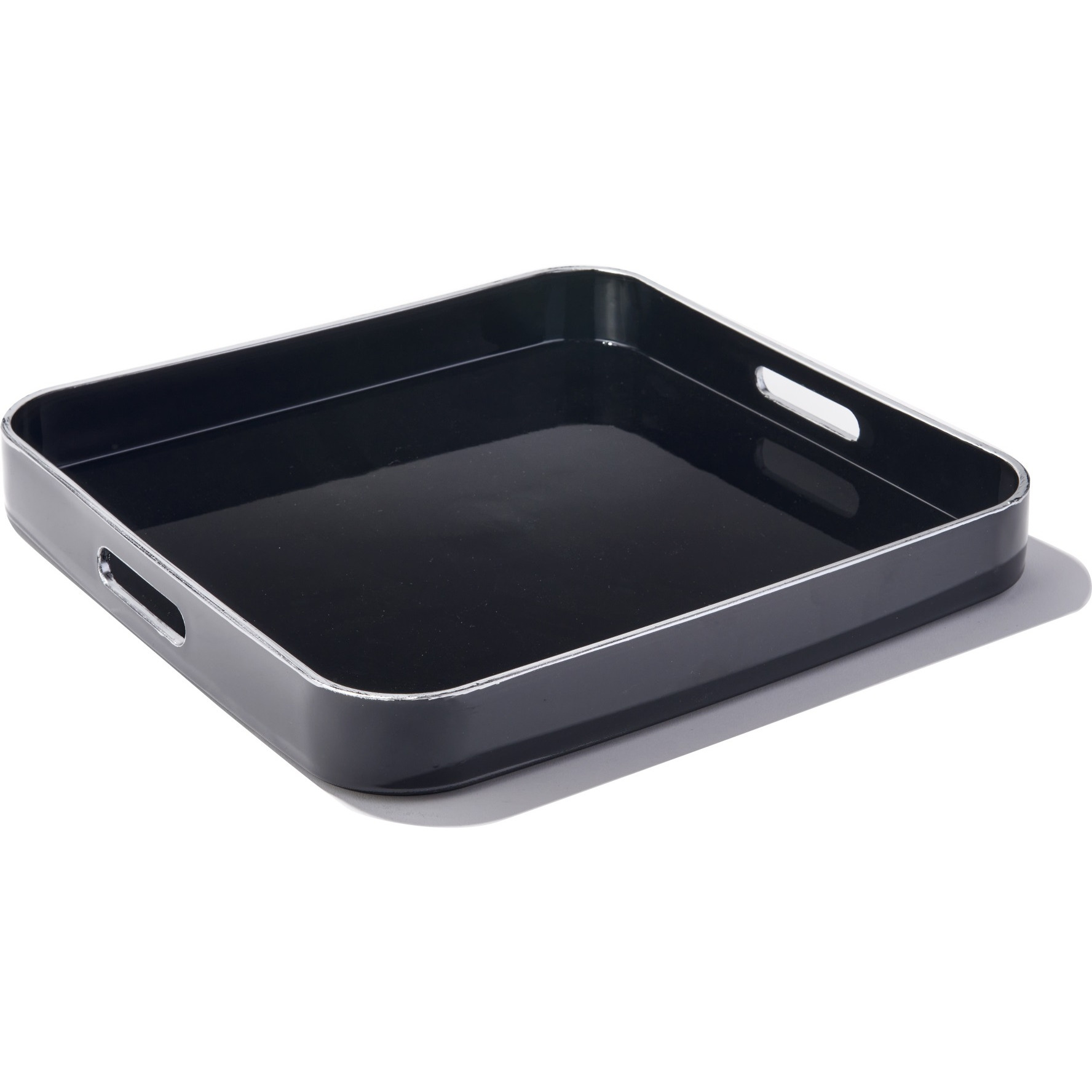 Black Square Set of 2 Serveware Trays With Silver Rim & Handles LG 14.76 X 14.76 X 1.96", SM 13.39 X 13.39 X 1.77"