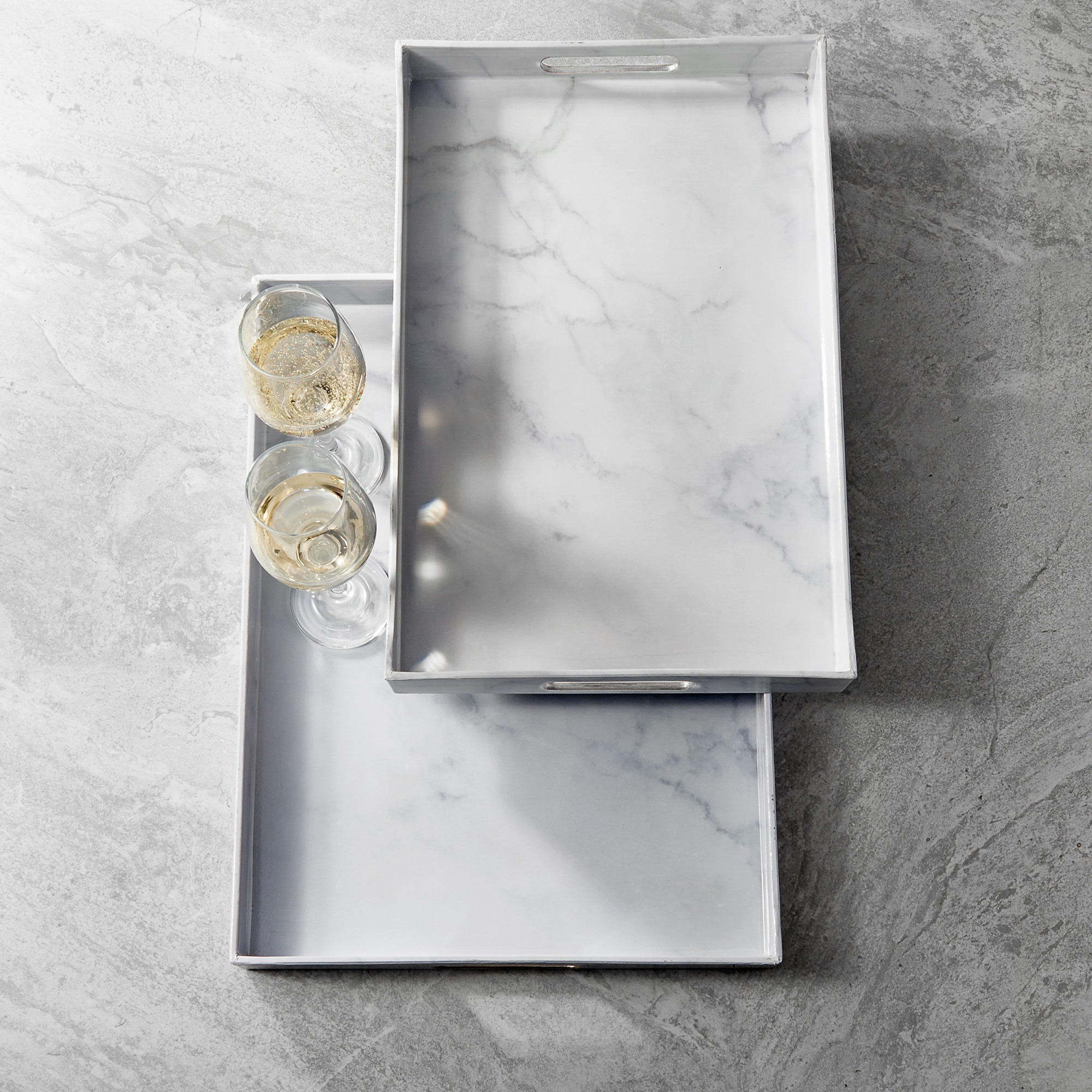 Marble Finished With Silver Rim Set of 2 Serveware Trays 18 X 12" 19 X 14
