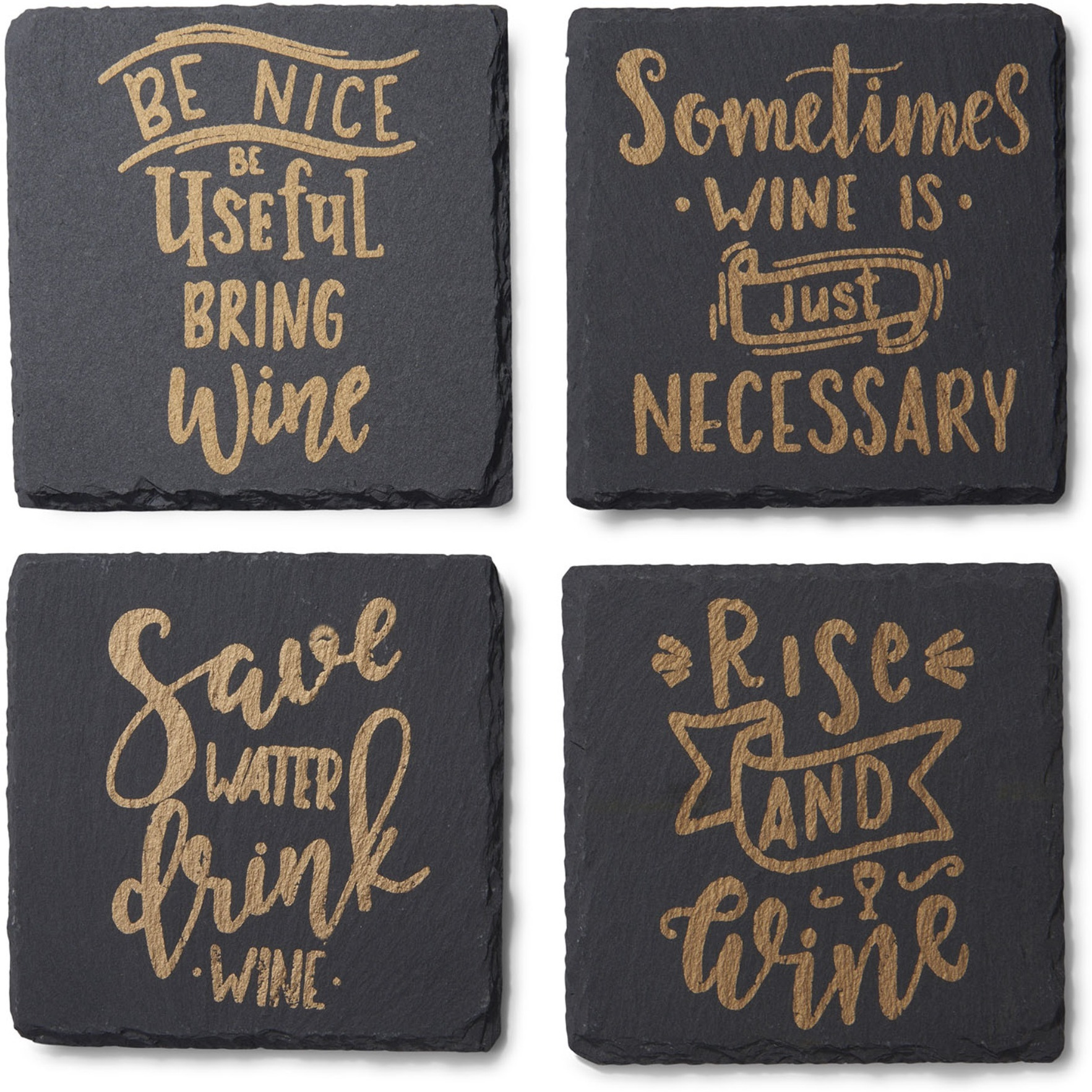 Wine Is Necessary Slate Coasters Gold Set of 4, Square 4X4"