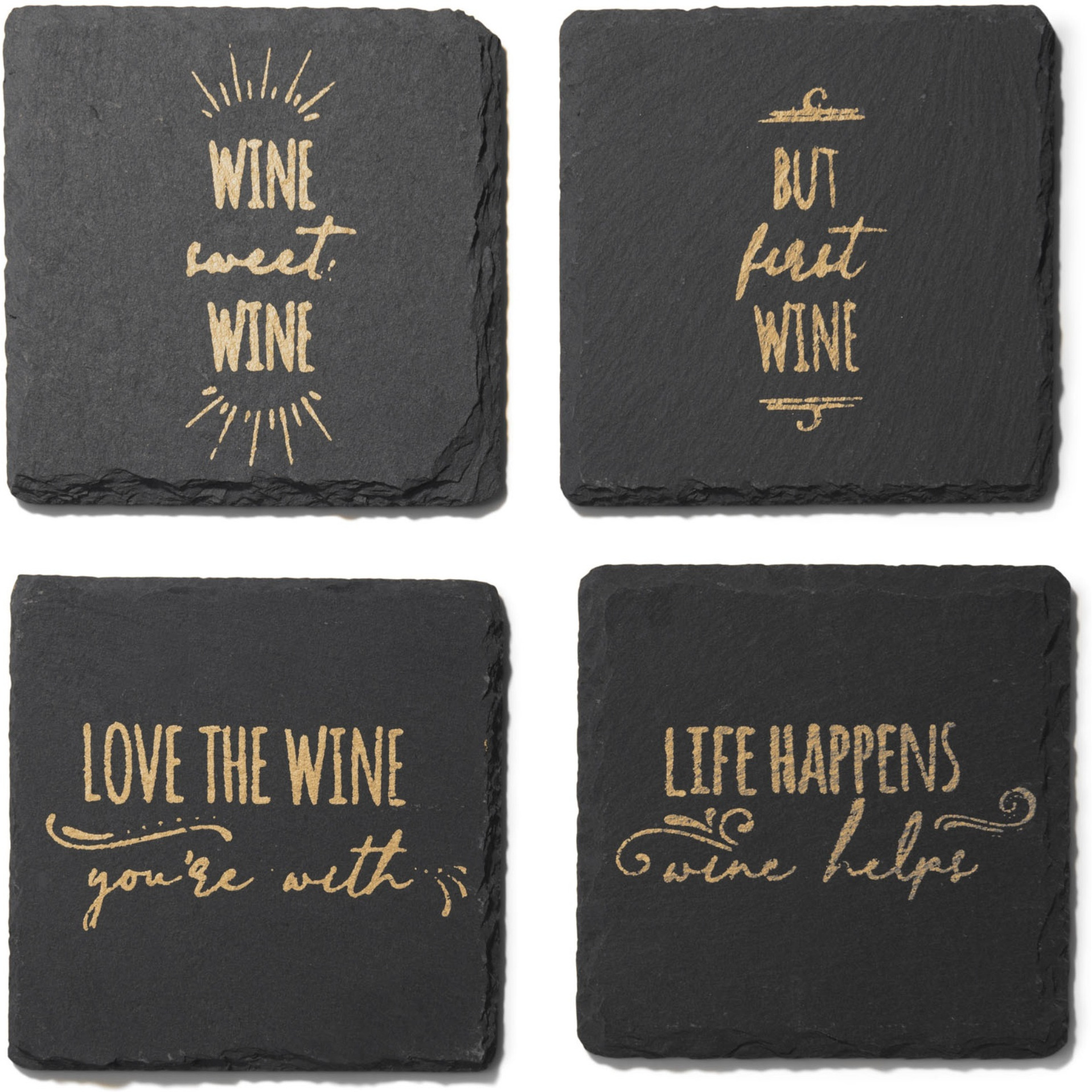 Life Happens-Wine Helps Slate Coasters Gold  Set of 4, Square 4X4"