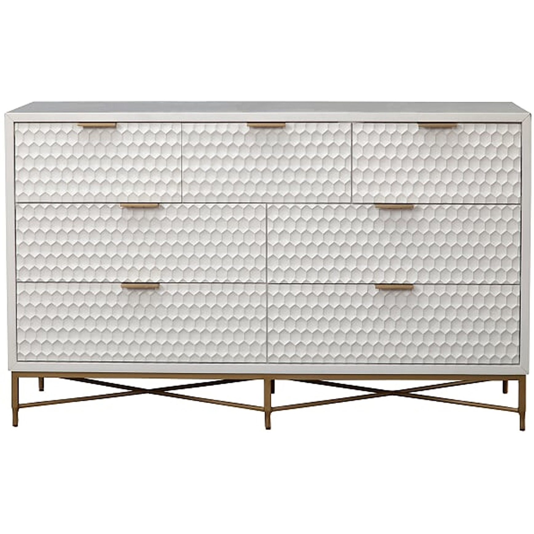 Honeycomb Design 7 Drawer Dresser with Metal Legs, White