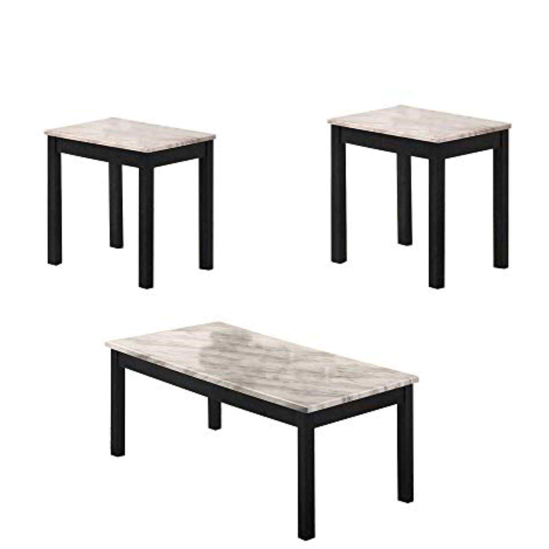 3 Piece Coffee Table and End Table with Faux Marble Top, Black and White