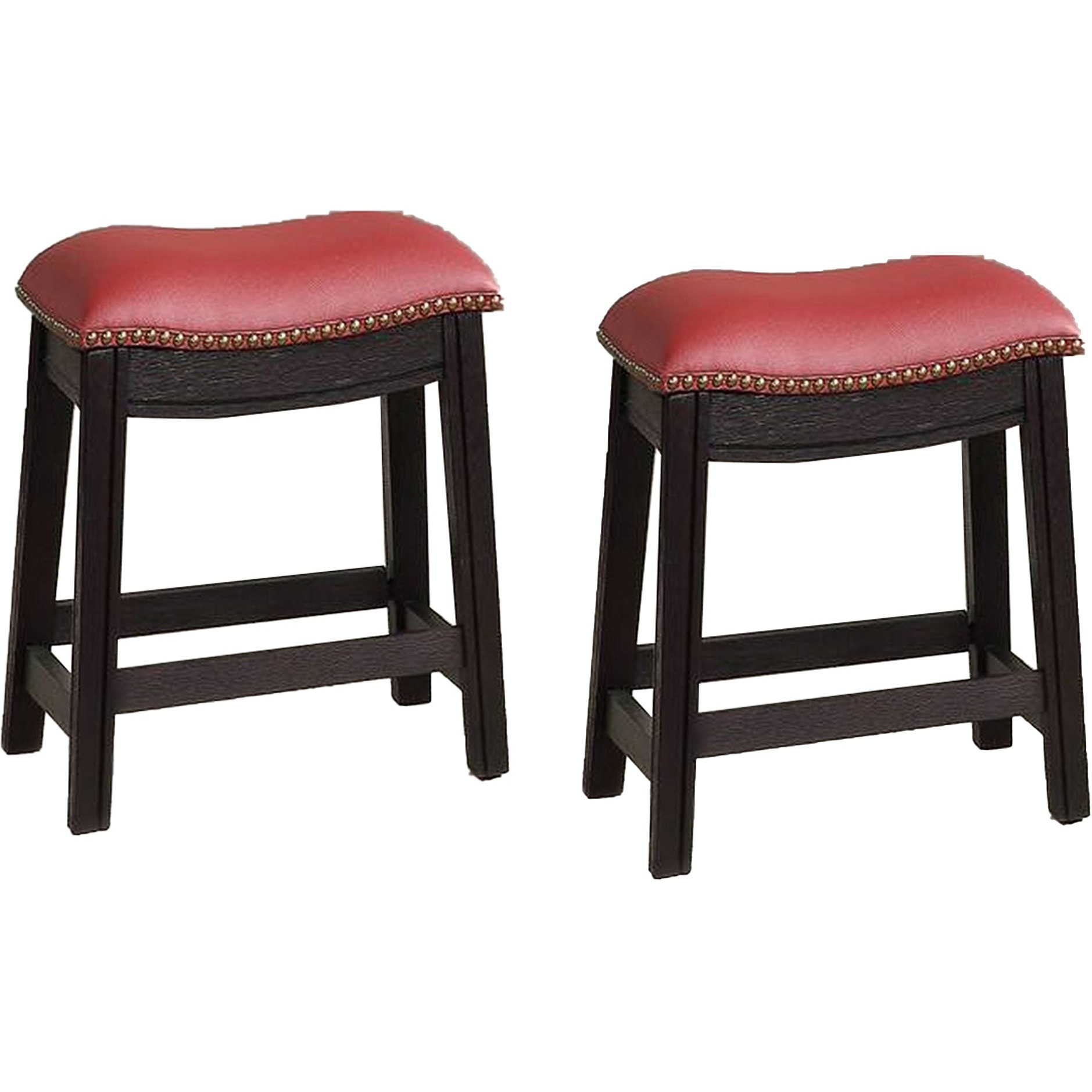 18 Inch Wooden Stool with Upholstered Cushion Seat, Set of 2, Gray and Red