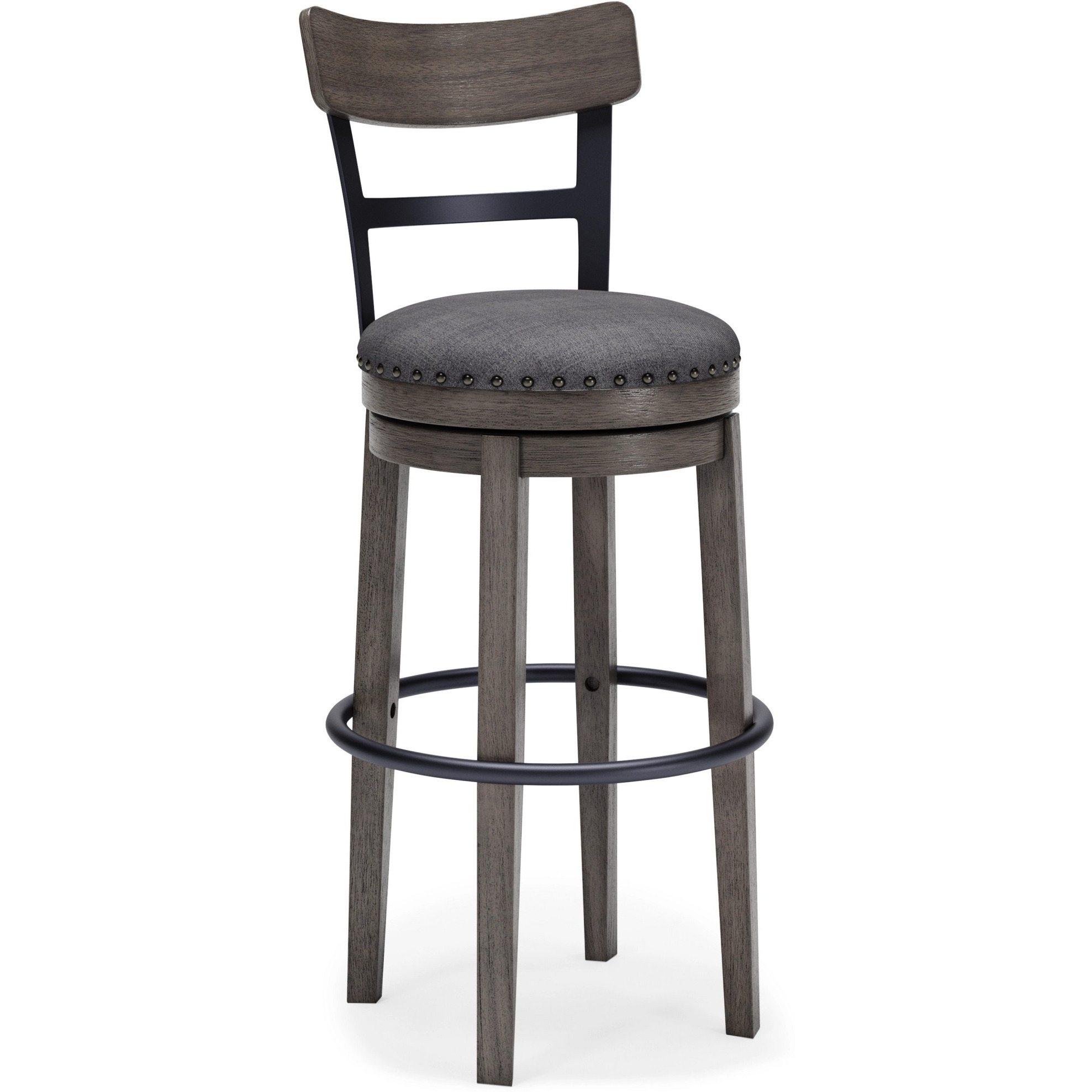 Swivel Barstool with Nailhead Trim and Curved Panel Back, Tall, Gray
