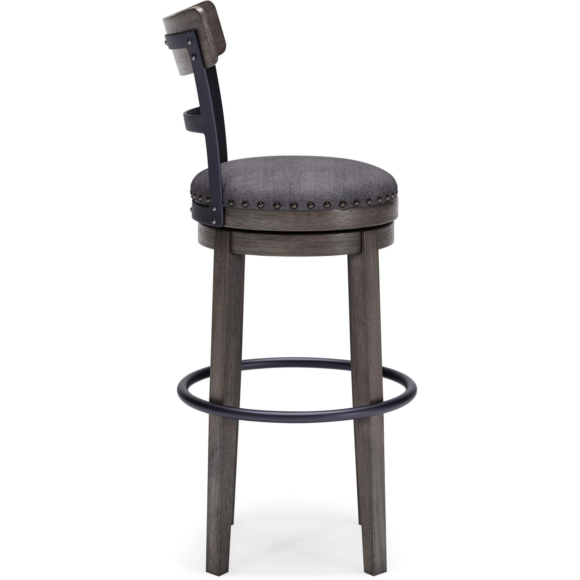 Swivel Barstool with Nailhead Trim and Curved Panel Back, Tall, Gray