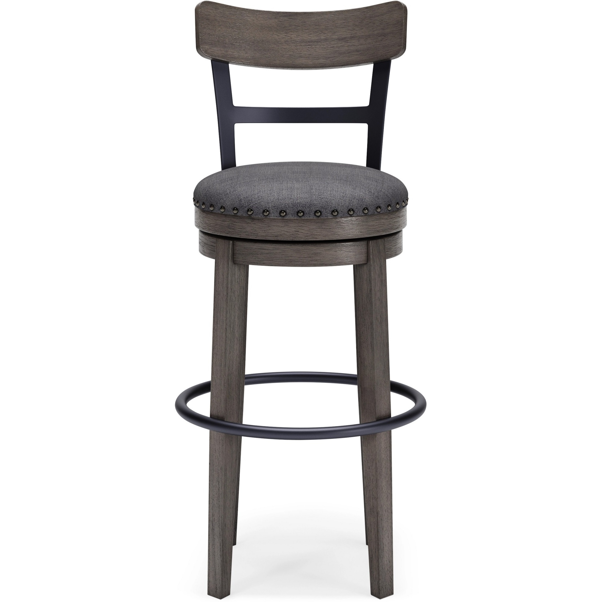 Swivel Barstool with Nailhead Trim and Curved Panel Back, Tall, Gray
