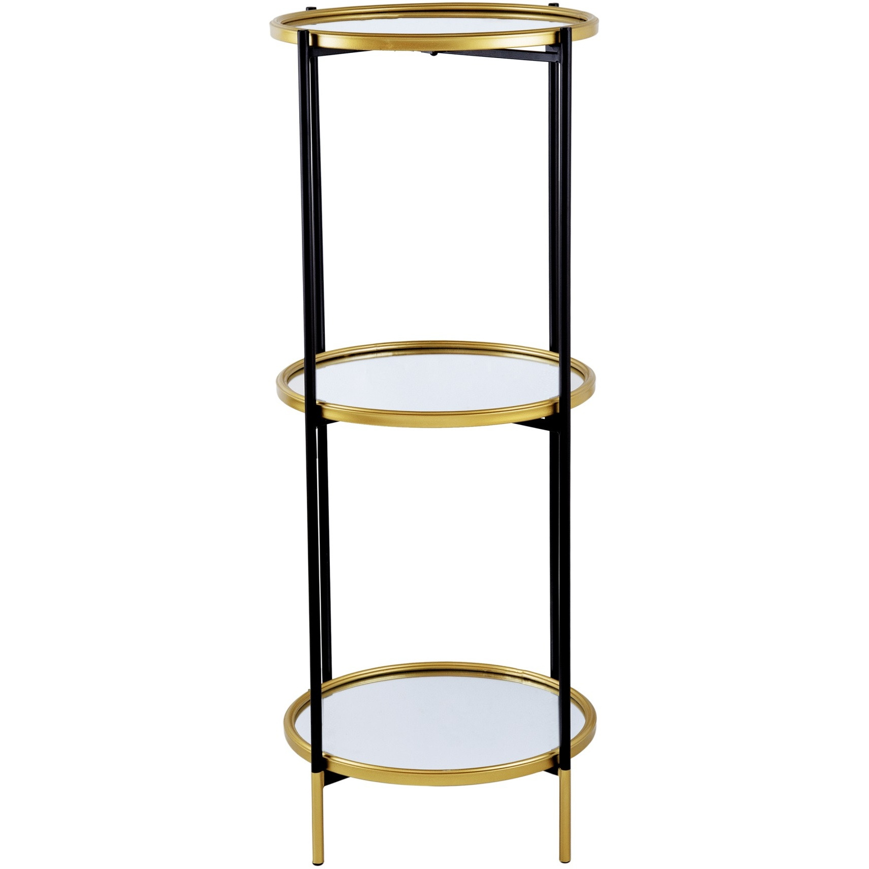 Ara 39 Inch Round 3 Tier Shelf, Metal, Mirrored Glass Shelves, Black, Gold