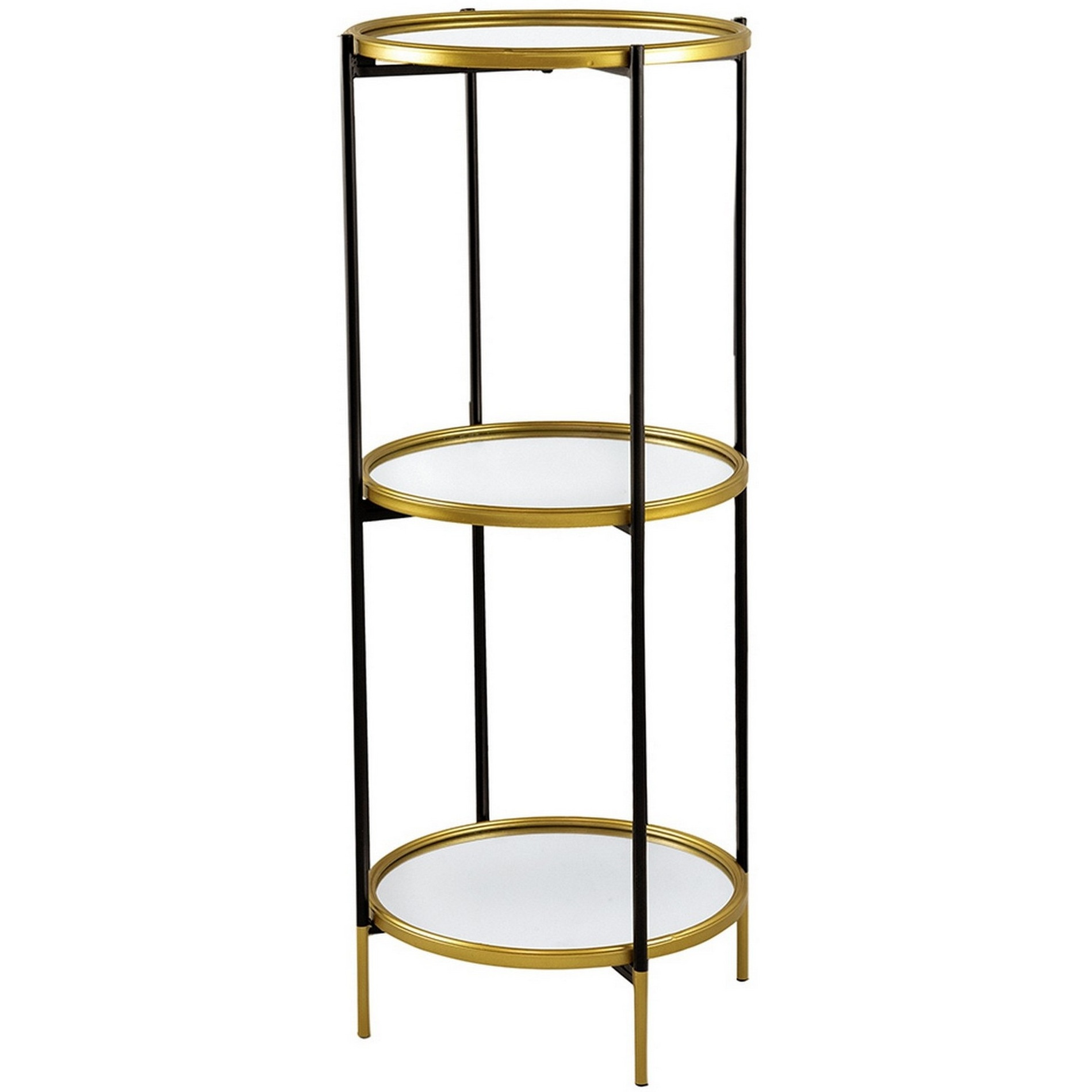 Ara 39 Inch Round 3 Tier Shelf, Metal, Mirrored Glass Shelves, Black, Gold