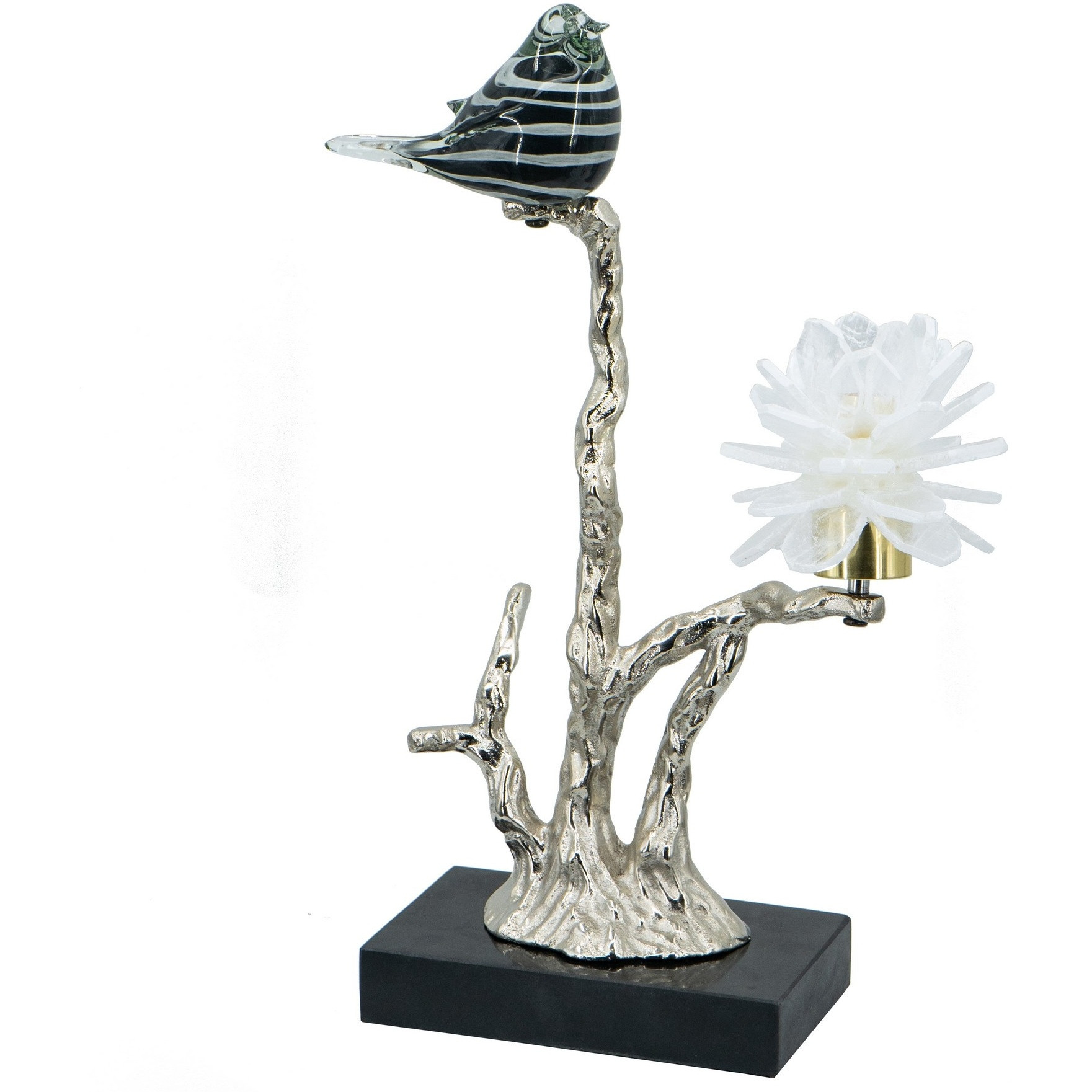 Sue 15 Inch Accent Decor Figurine, Bird on a Branch, Flower, Black, Silver