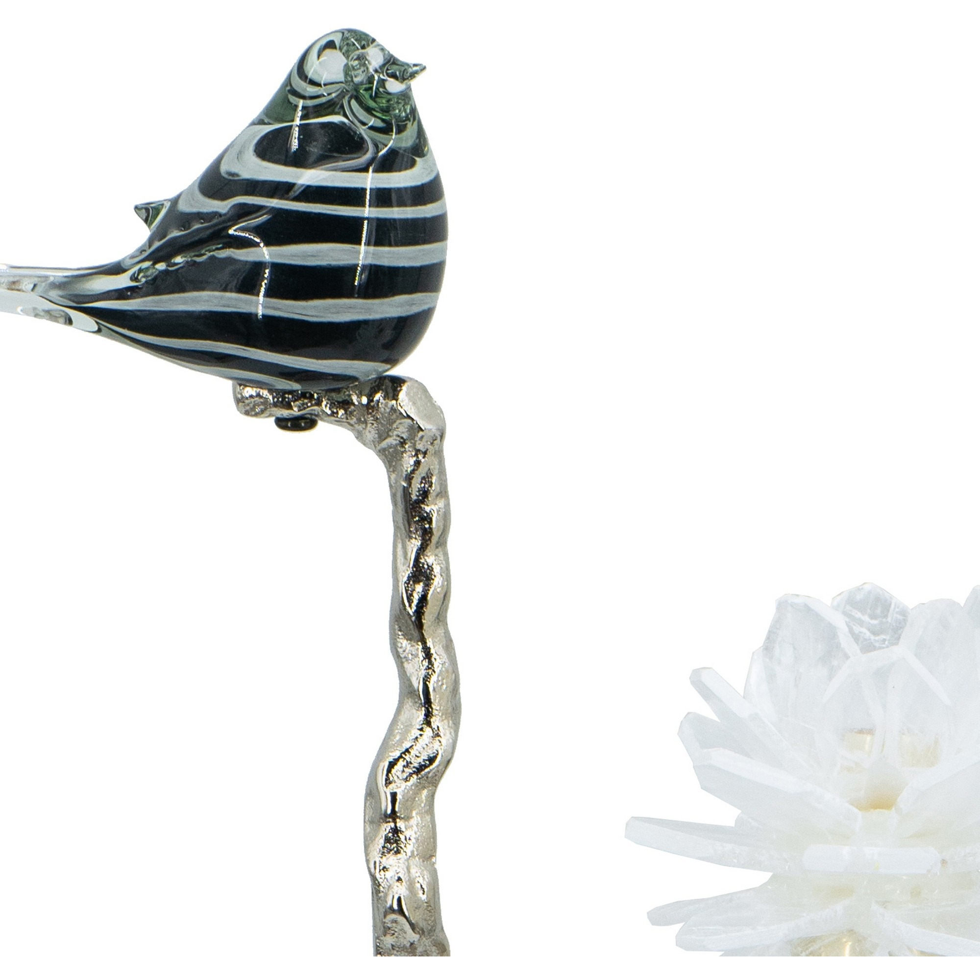 Sue 15 Inch Accent Decor Figurine, Bird on a Branch, Flower, Black, Silver