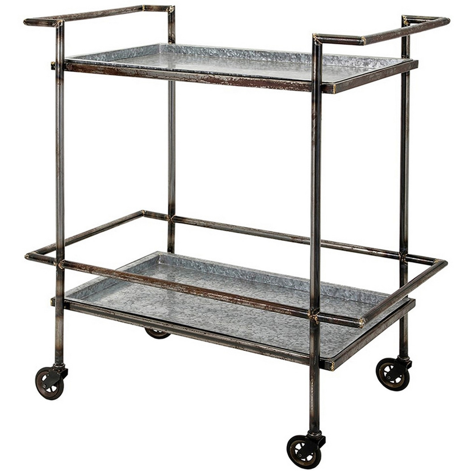 35 Inch 2 Tier Bar Cart, Industrial Style, Caster Wheels, Rustic Bronze