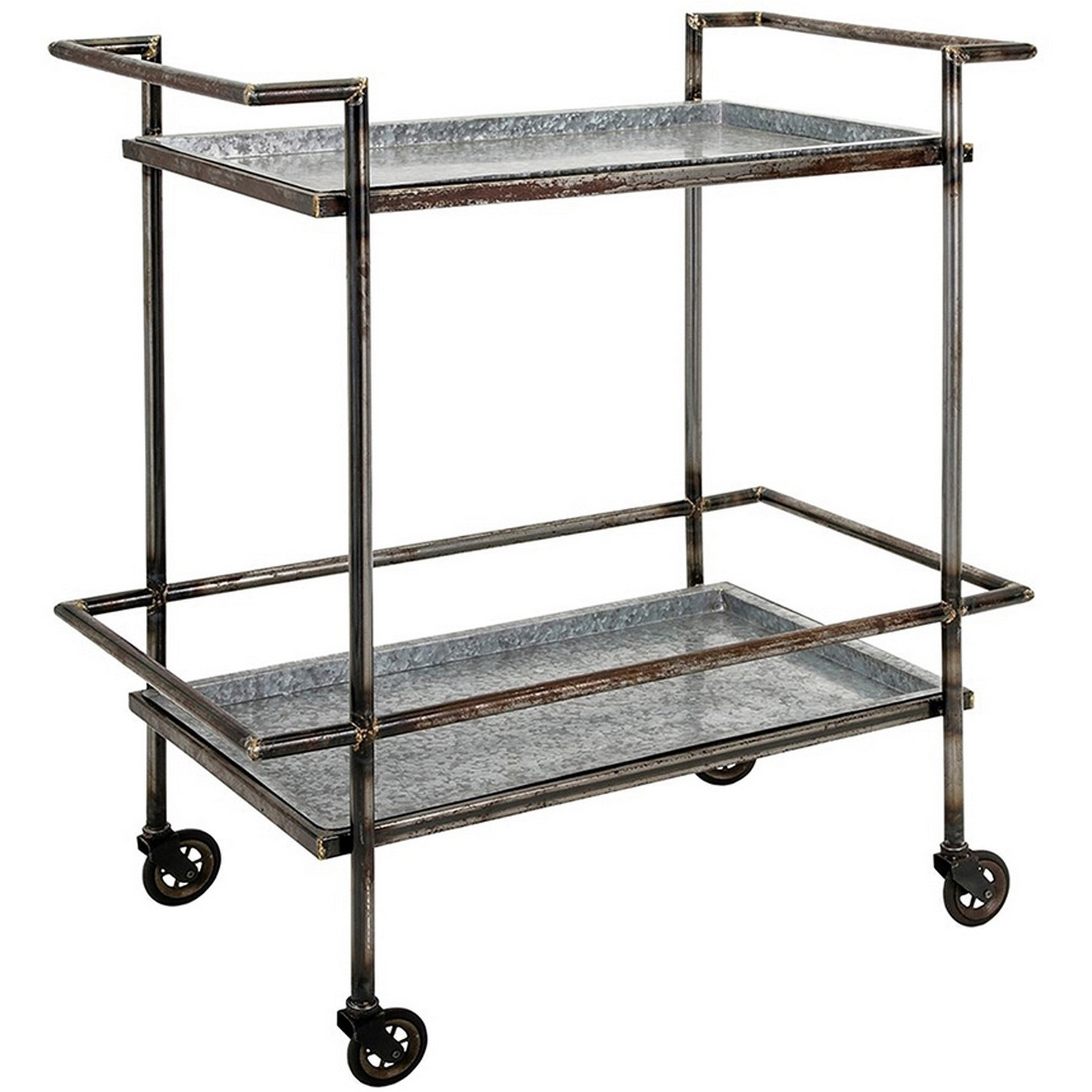 35 Inch 2 Tier Bar Cart, Industrial Style, Caster Wheels, Rustic Bronze