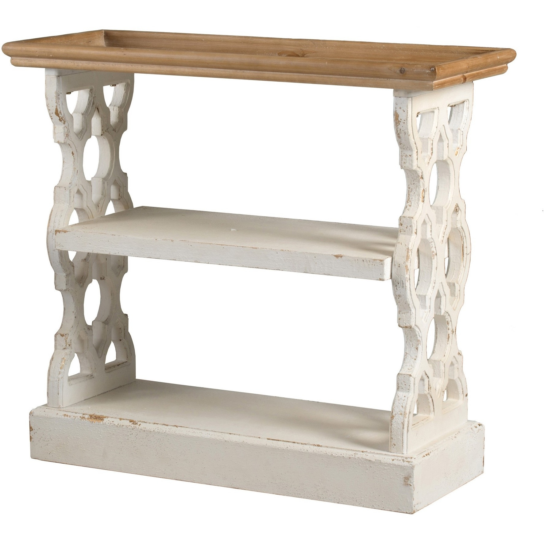 35 Inch 3 Tier Console Table, Fir Wood, Carved Panels, Brown and White