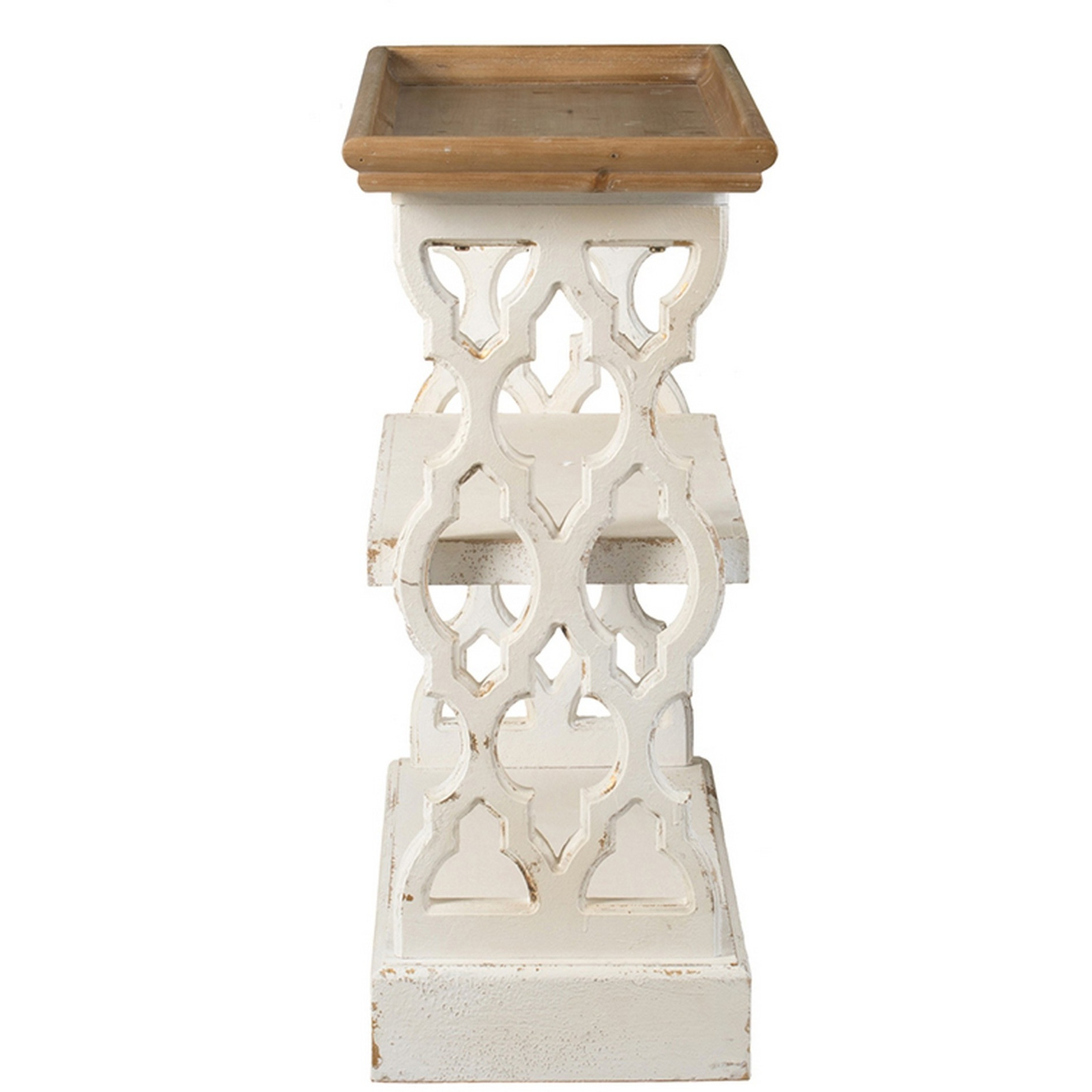 35 Inch 3 Tier Console Table, Fir Wood, Carved Panels, Brown and White