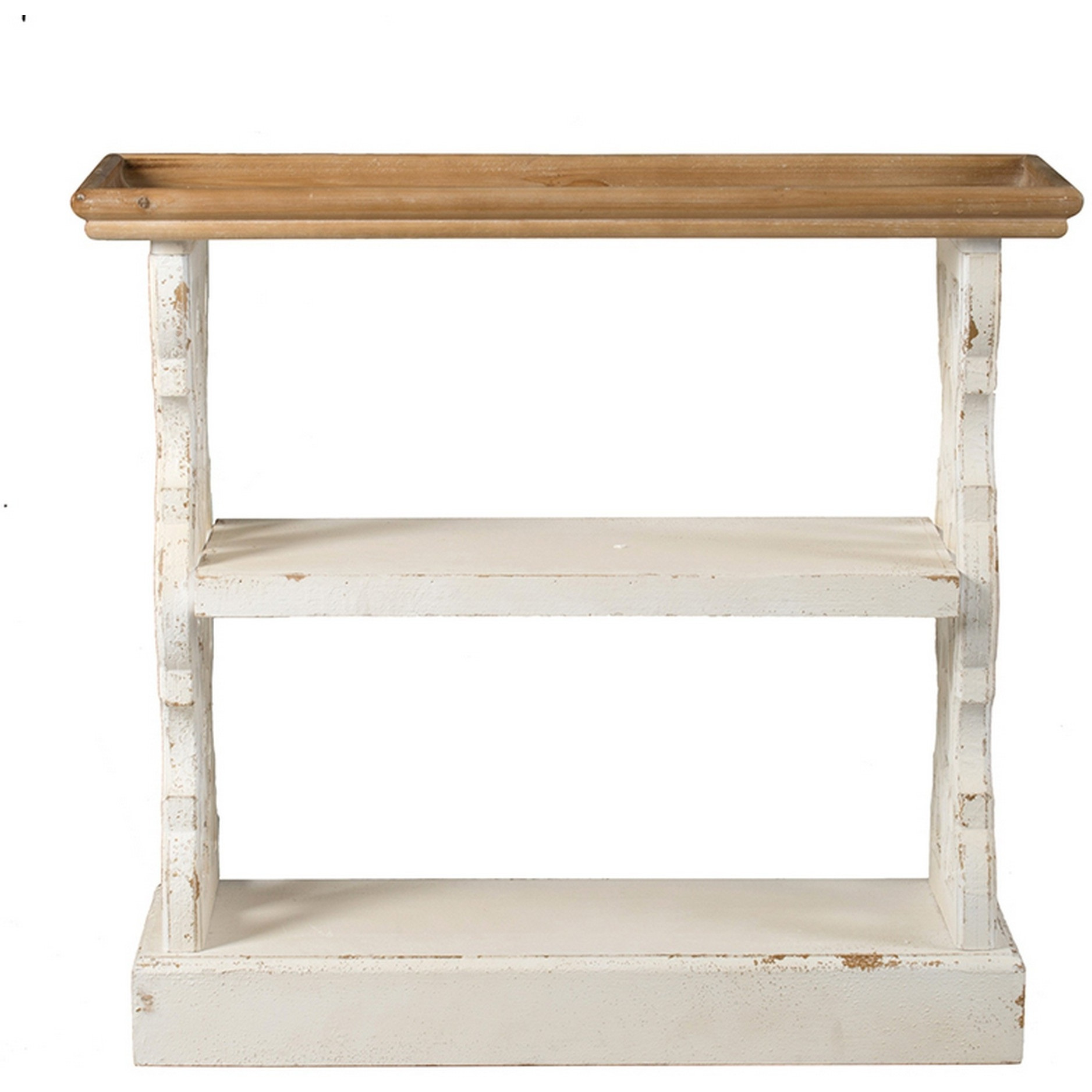 35 Inch 3 Tier Console Table, Fir Wood, Carved Panels, Brown and White
