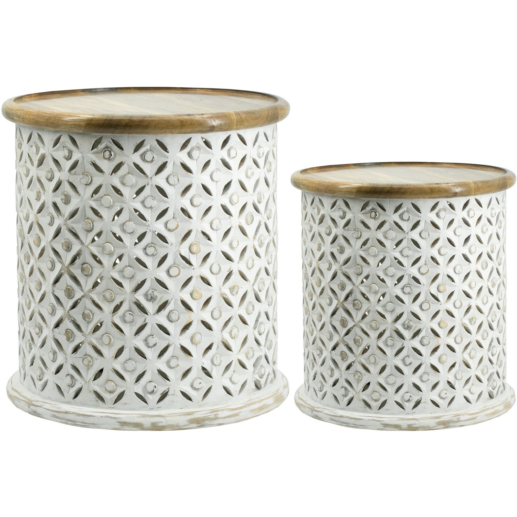 18, 16 Inch Accent Tables, Round, Mango Wood, Floral Cut Out, Brown, White
