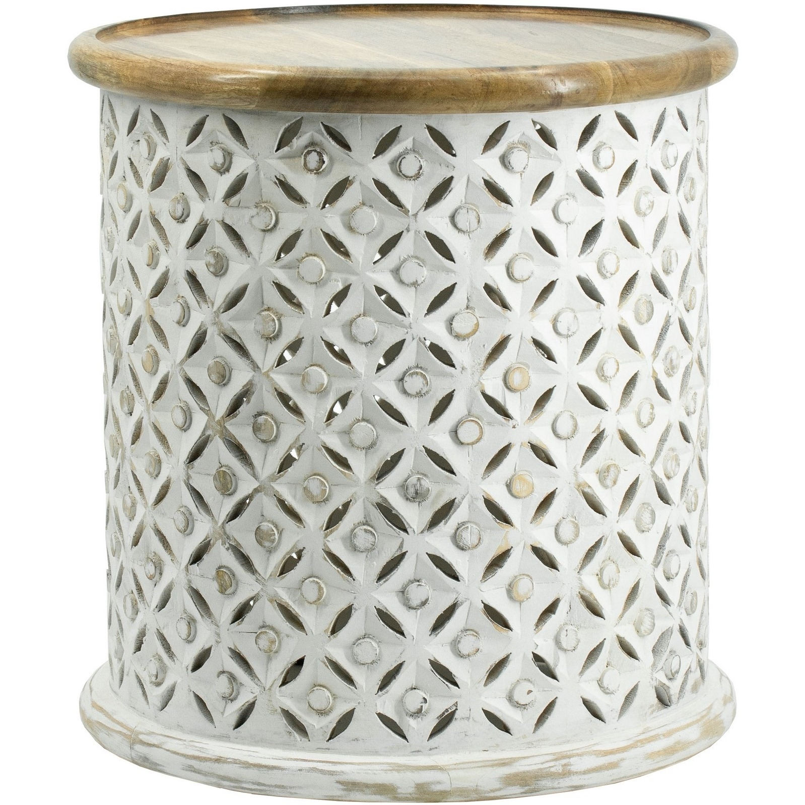 18, 16 Inch Accent Tables, Round, Mango Wood, Floral Cut Out, Brown, White