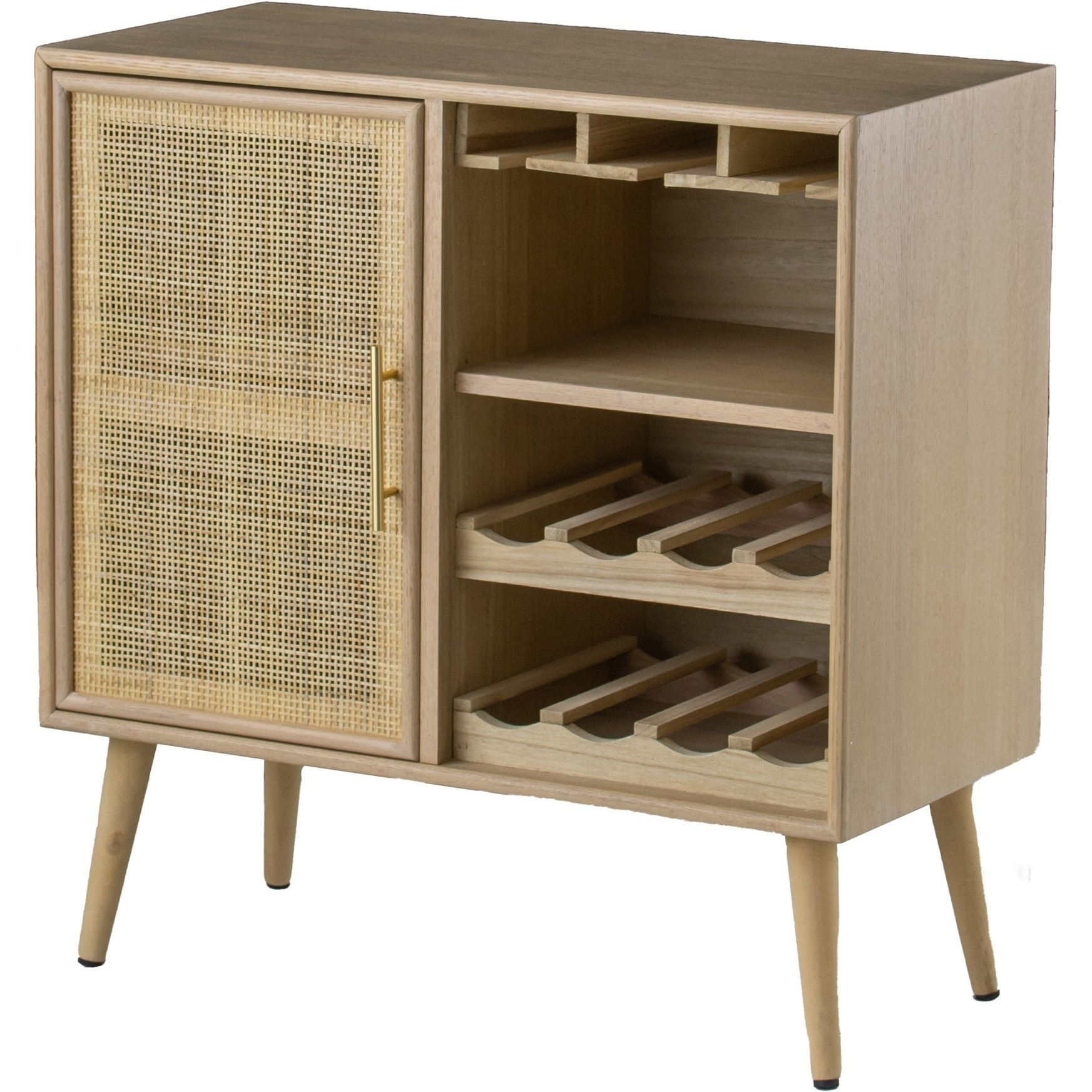 Dana 31 Inch Wood Wine Cabinet, 2 Shelves, Glass Hanger, Rattan Door, Brown
