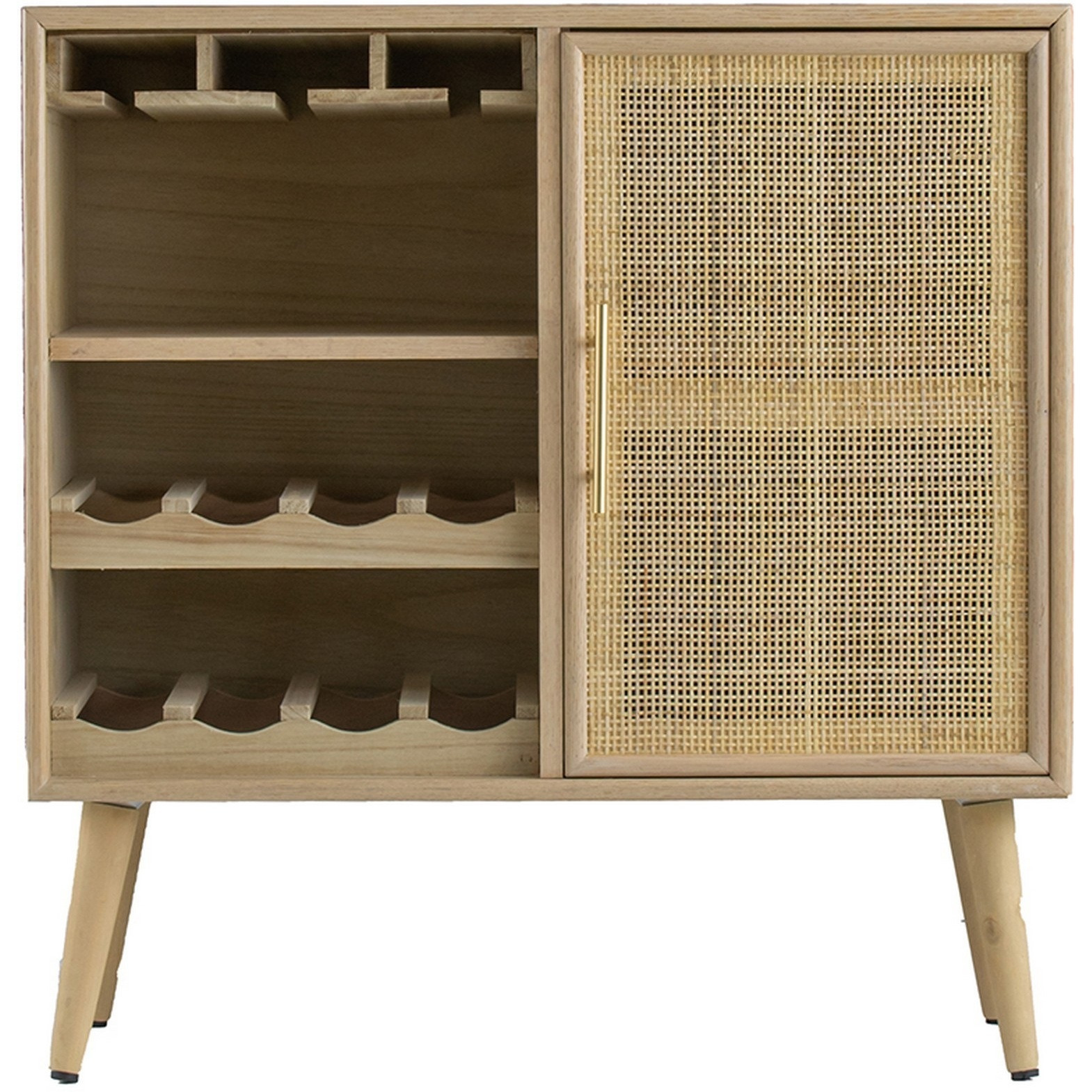 Dana 31 Inch Wood Wine Cabinet, 2 Shelves, Glass Hanger, Rattan Door, Brown