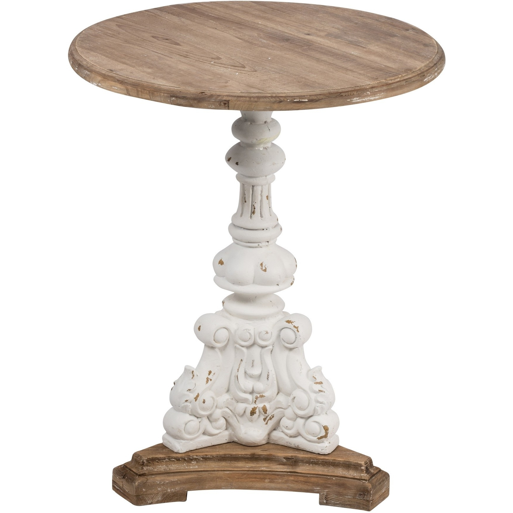 27 Inch Side End Table, Mango Wood, Round, Turned Pedestal, White, Brown