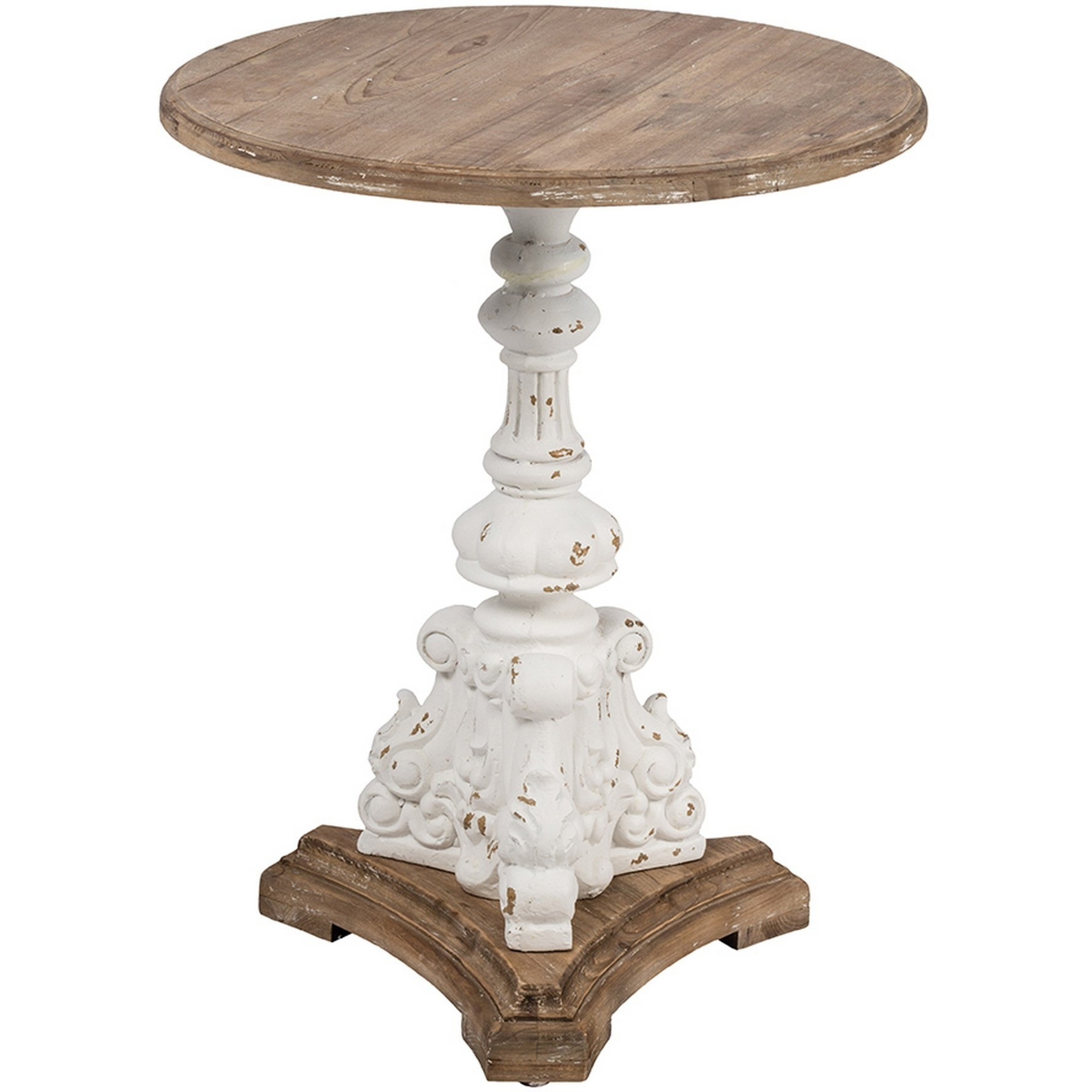 27 Inch Side End Table, Mango Wood, Round, Turned Pedestal, White, Brown