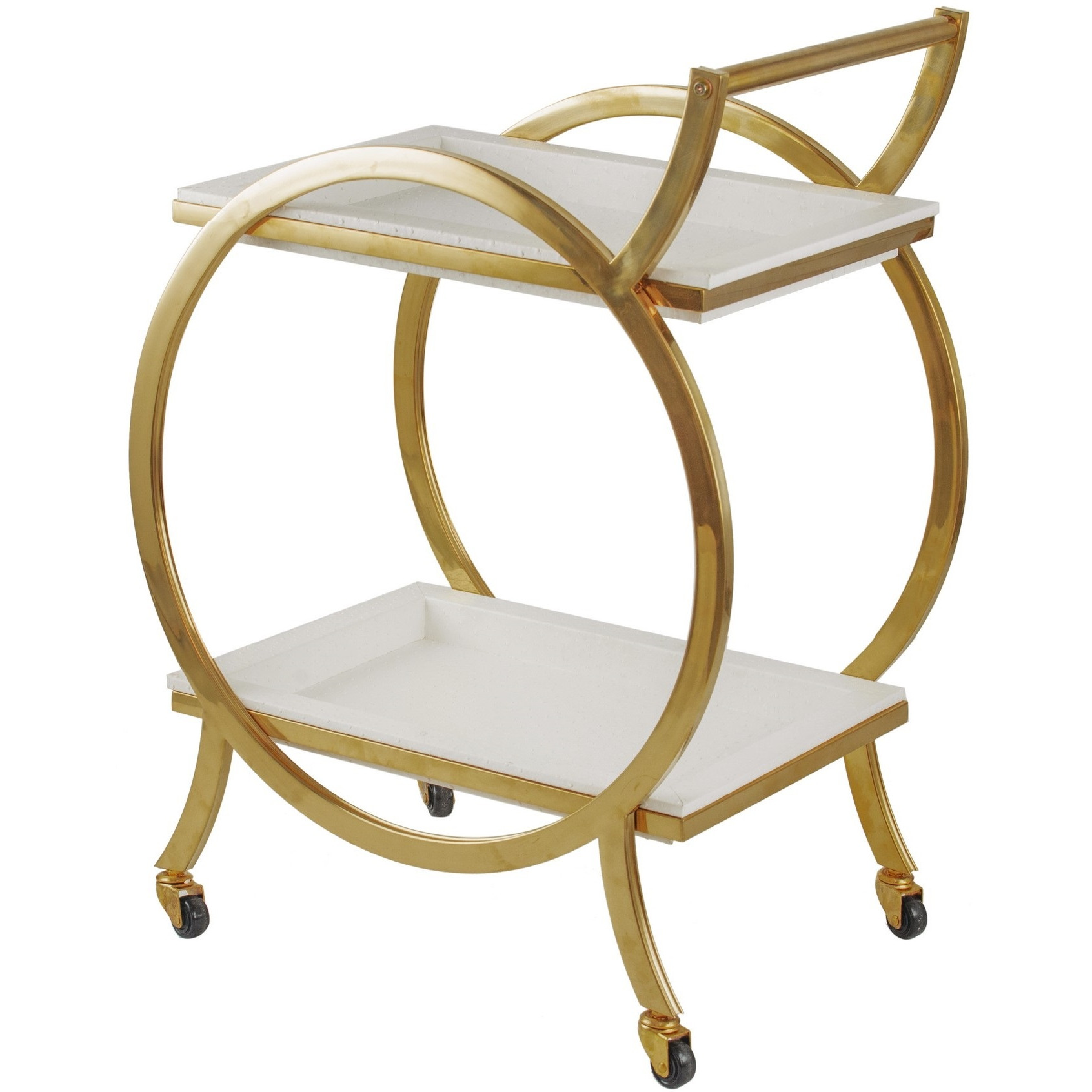 Sia 34 Inch Rolling Bar Cart, Round Steel Frame, Removable Trays White Gold