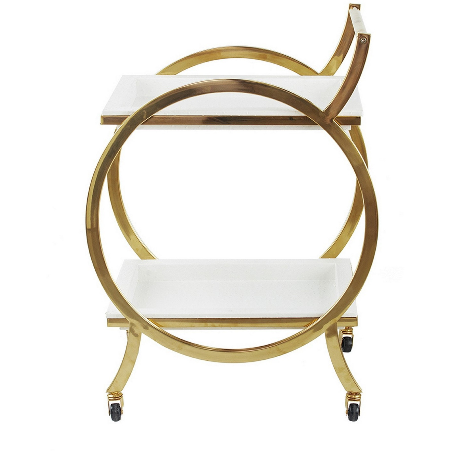 Sia 34 Inch Rolling Bar Cart, Round Steel Frame, Removable Trays White Gold