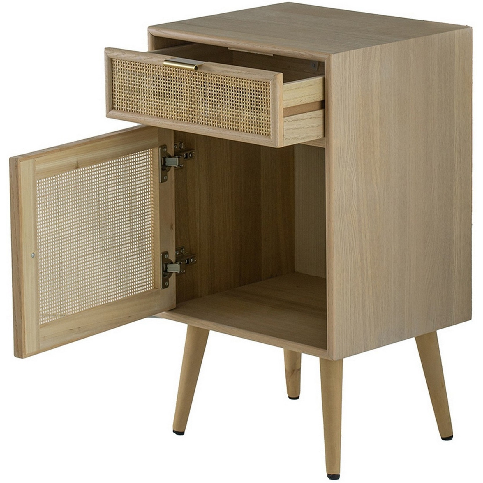 Keli 28 Inch Accent Cabinet, 1 Drawer, Pine, Woven Rattan Design, Natural