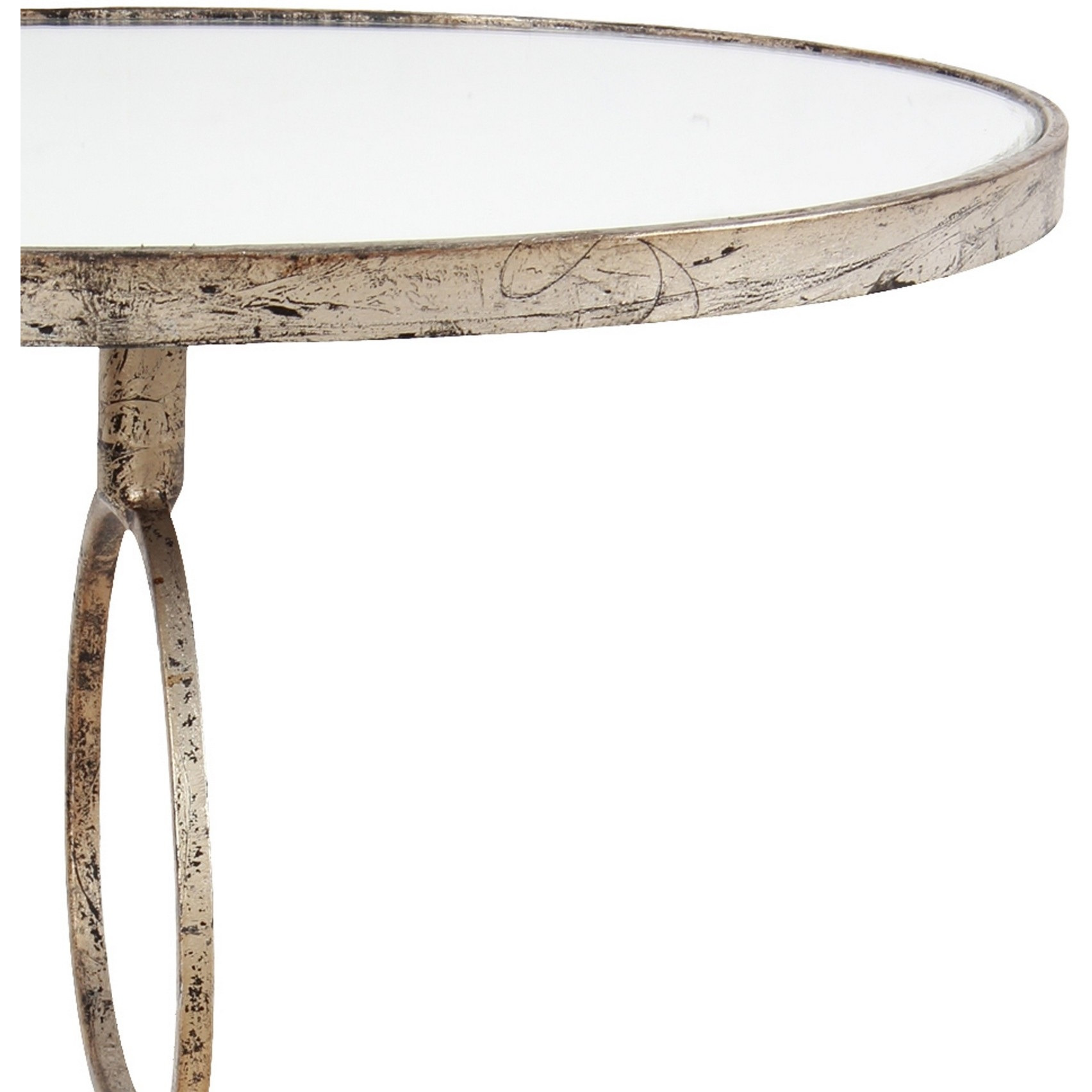 28 Inch Accent Side Table, Round Mirror Top, Metal Base, Rustic Gold Finish