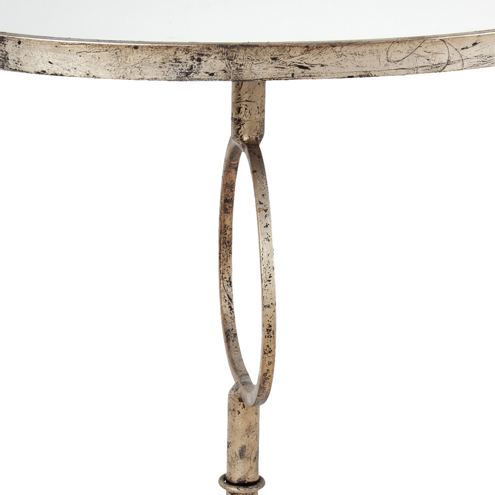 28 Inch Accent Side Table, Round Mirror Top, Metal Base, Rustic Gold Finish