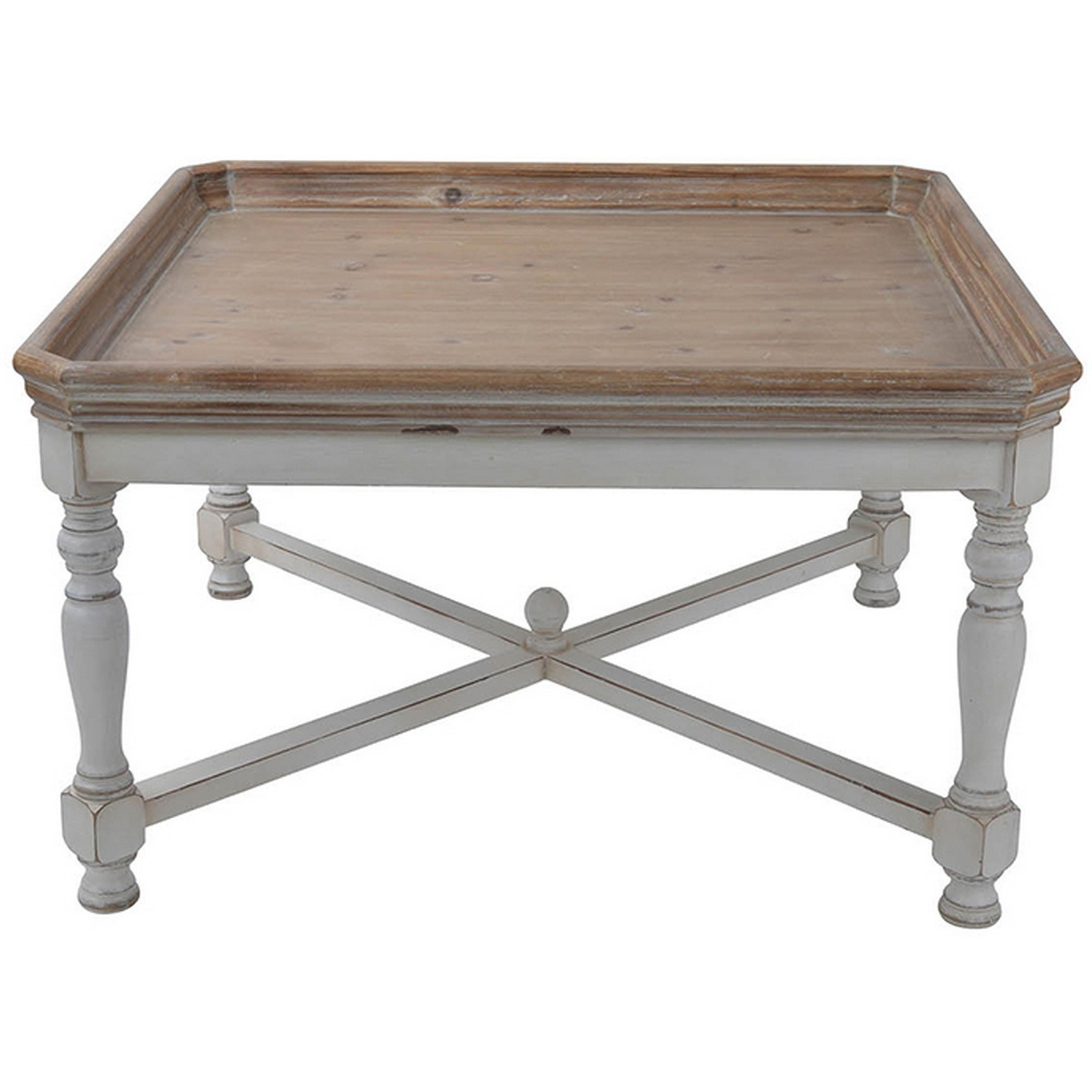 Fin 33 Inch Coffee Table, Tray Top, Rustic Fir Wood, Antique White, Brown