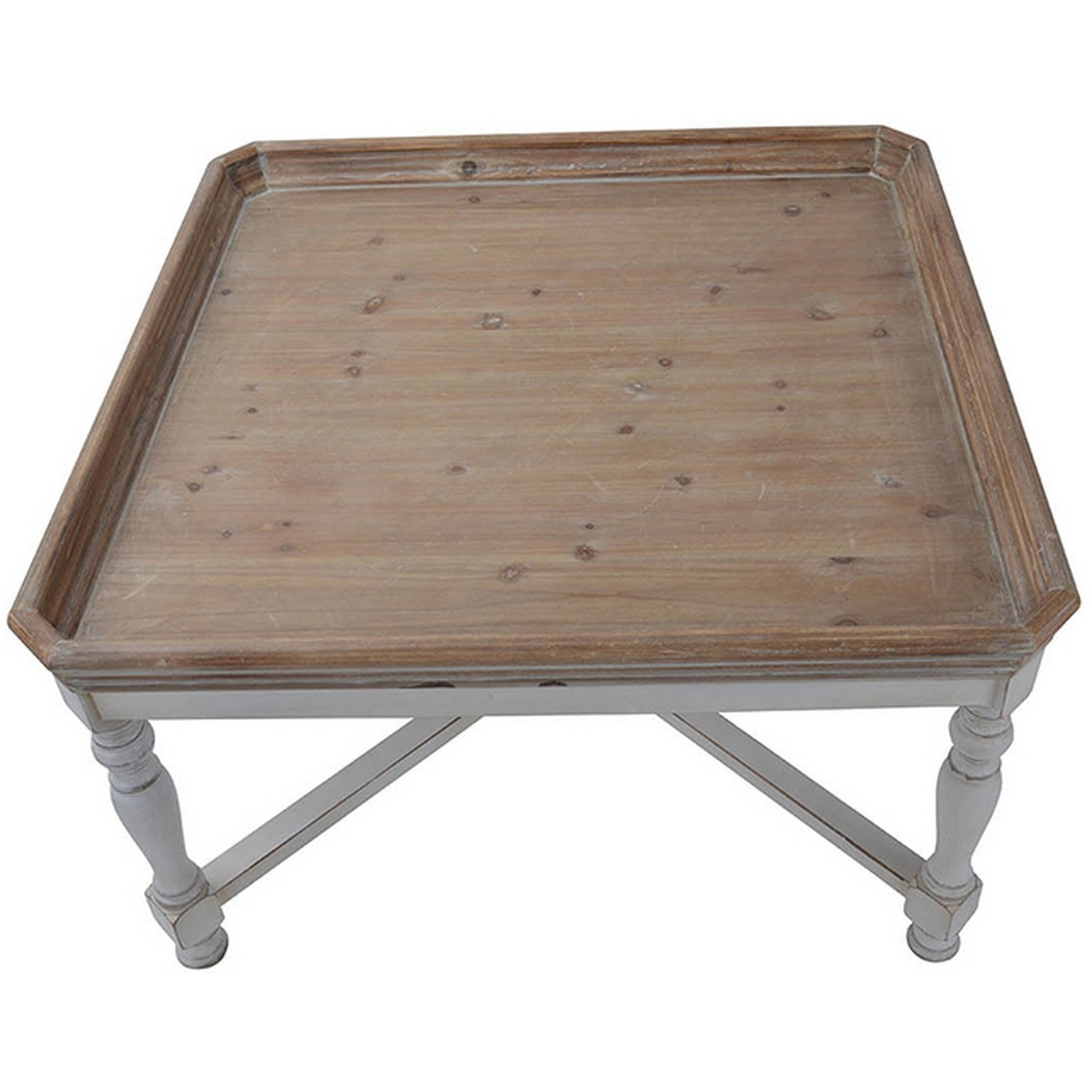 Fin 33 Inch Coffee Table, Tray Top, Rustic Fir Wood, Antique White, Brown