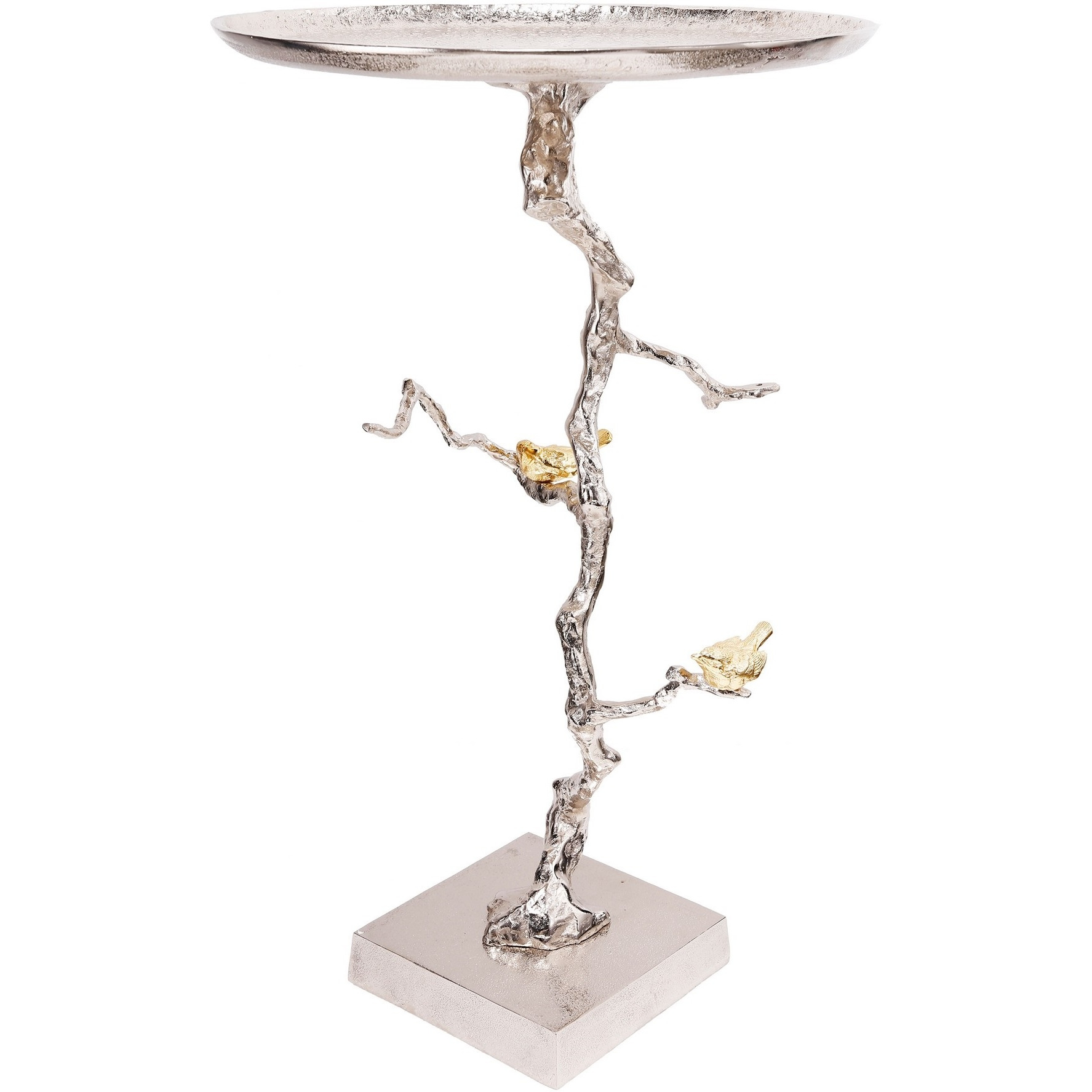 28 Inch Accent Table, Artful Branch Like Frame, Gold Bird Accents, Silver