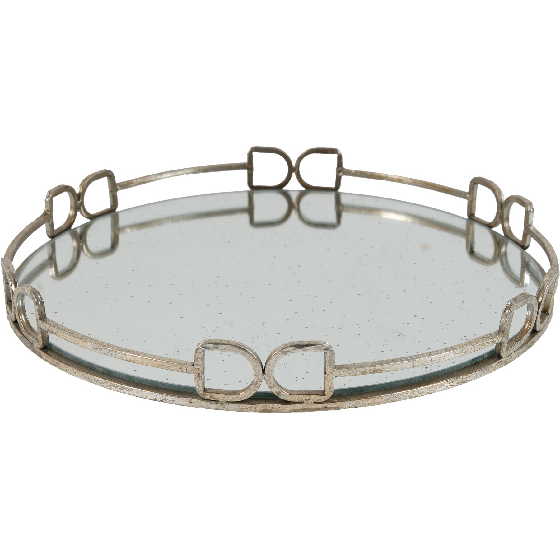 Sui 18 Inch Round Tray, Glass Bottom,  Silver Geometric Frame, Large
