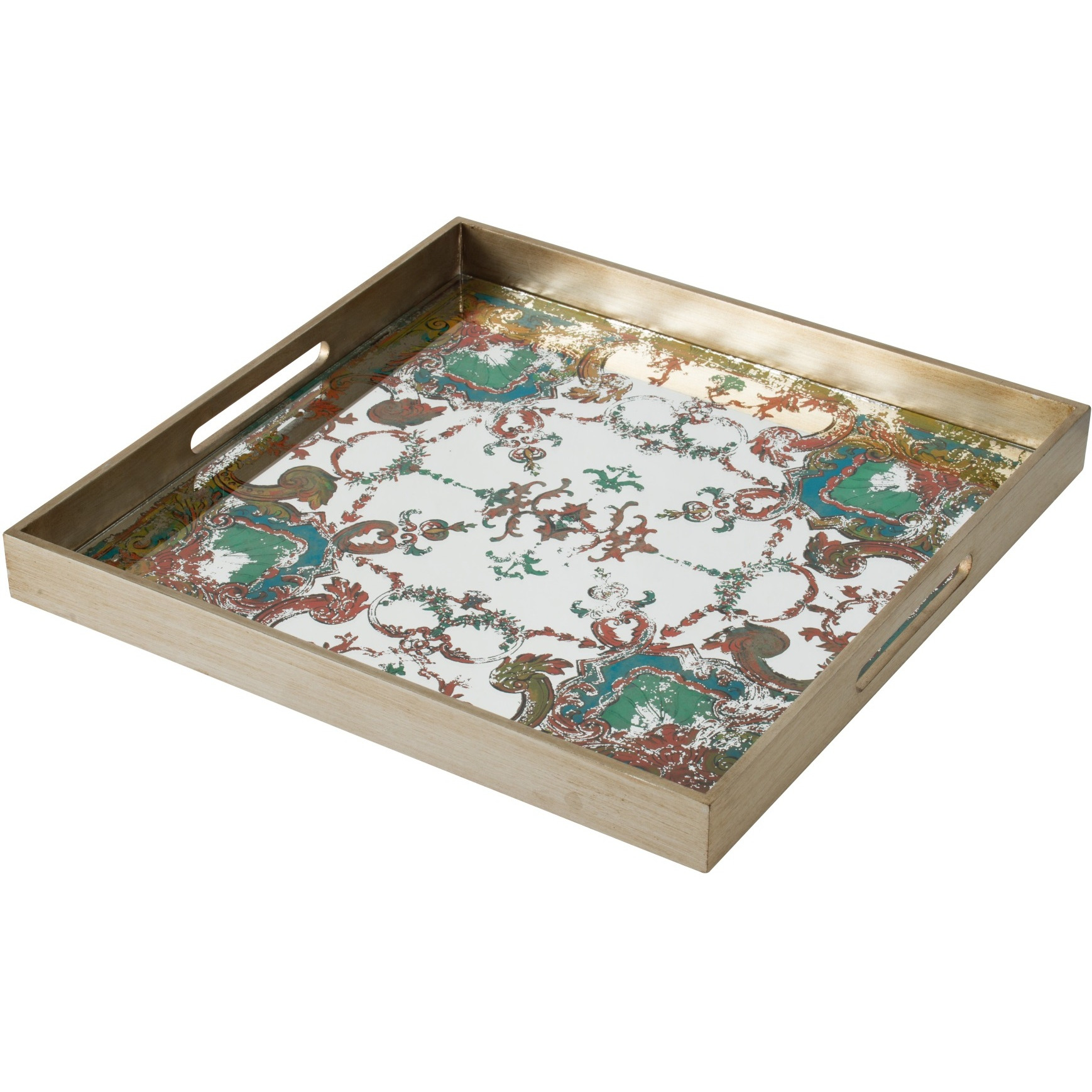 Miki 20 Inch Square Decorative Tray, Artisan Mirrored Damask Pattern, Gold