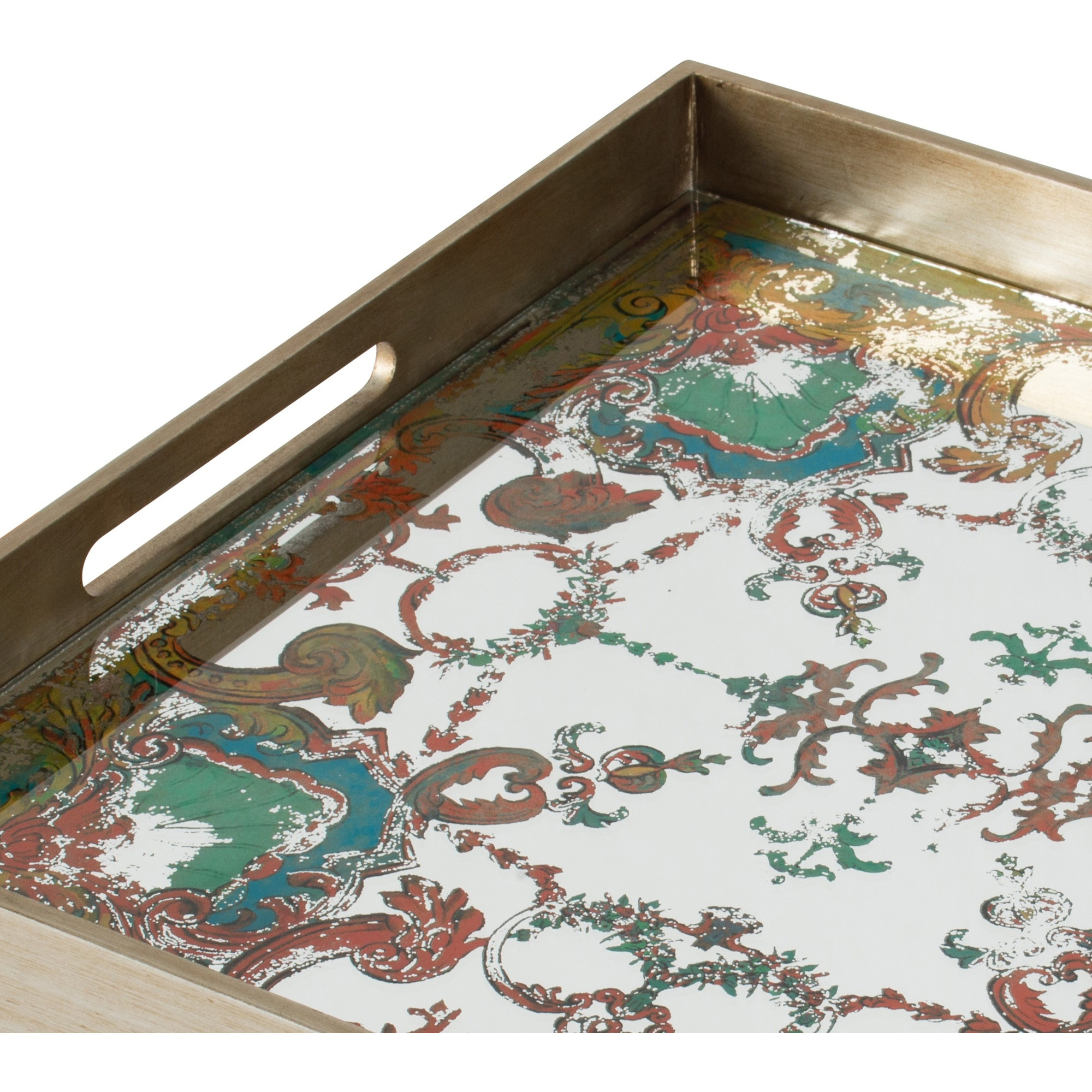 Miki 20 Inch Square Decorative Tray, Artisan Mirrored Damask Pattern, Gold