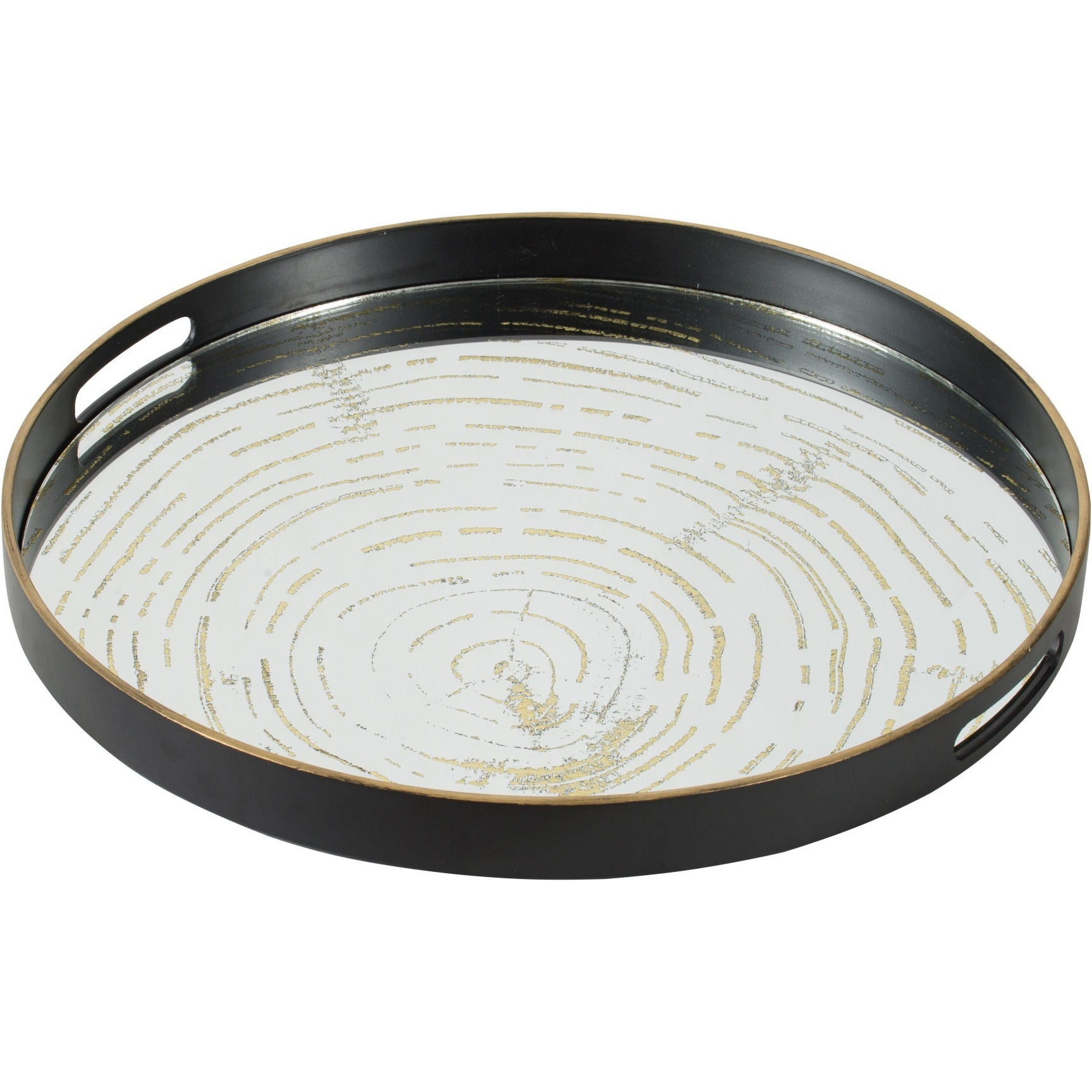 18 Inch Decorative Tray, Round Black Wood Frame, Mirrored Bottom