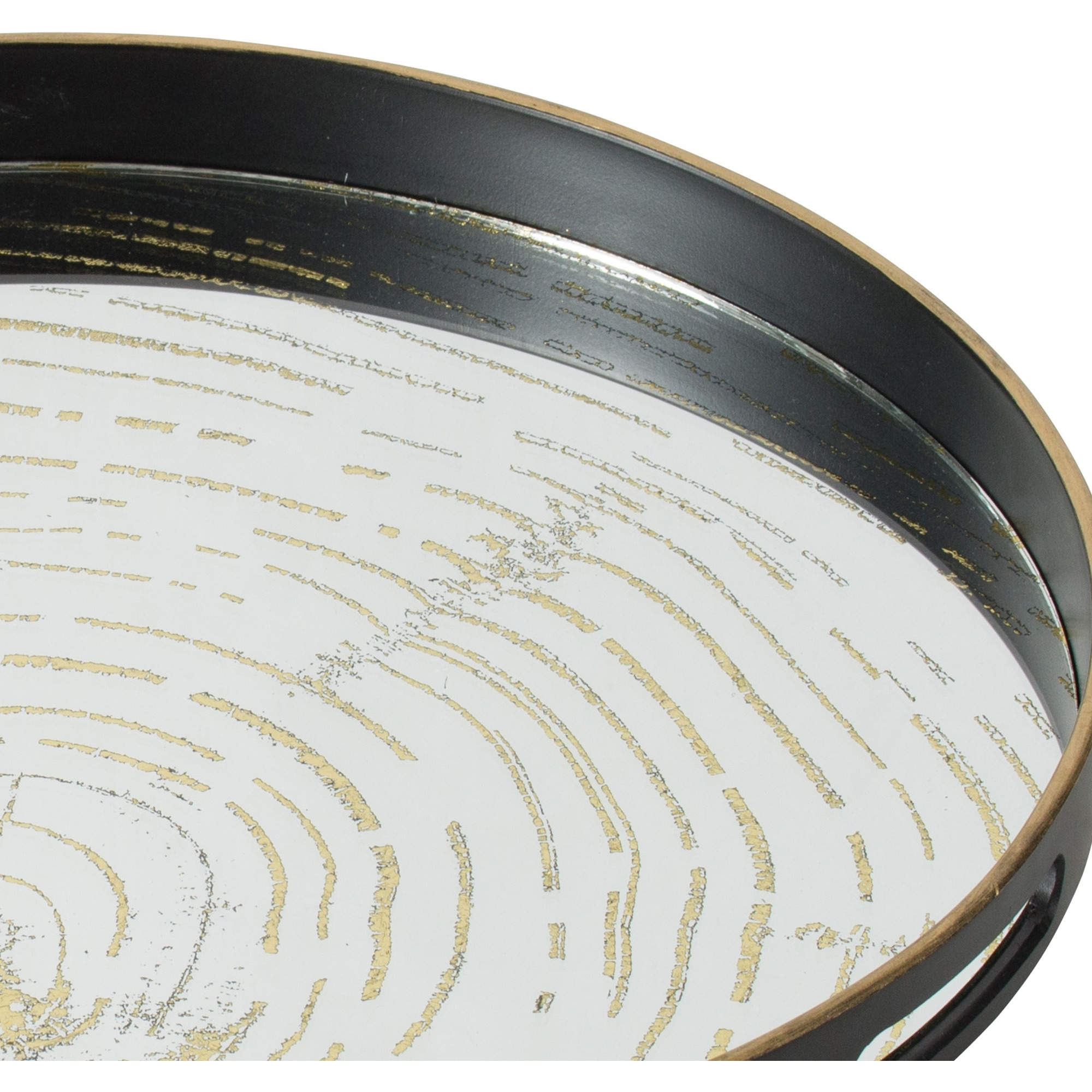 18 Inch Decorative Tray, Round Black Wood Frame, Mirrored Bottom