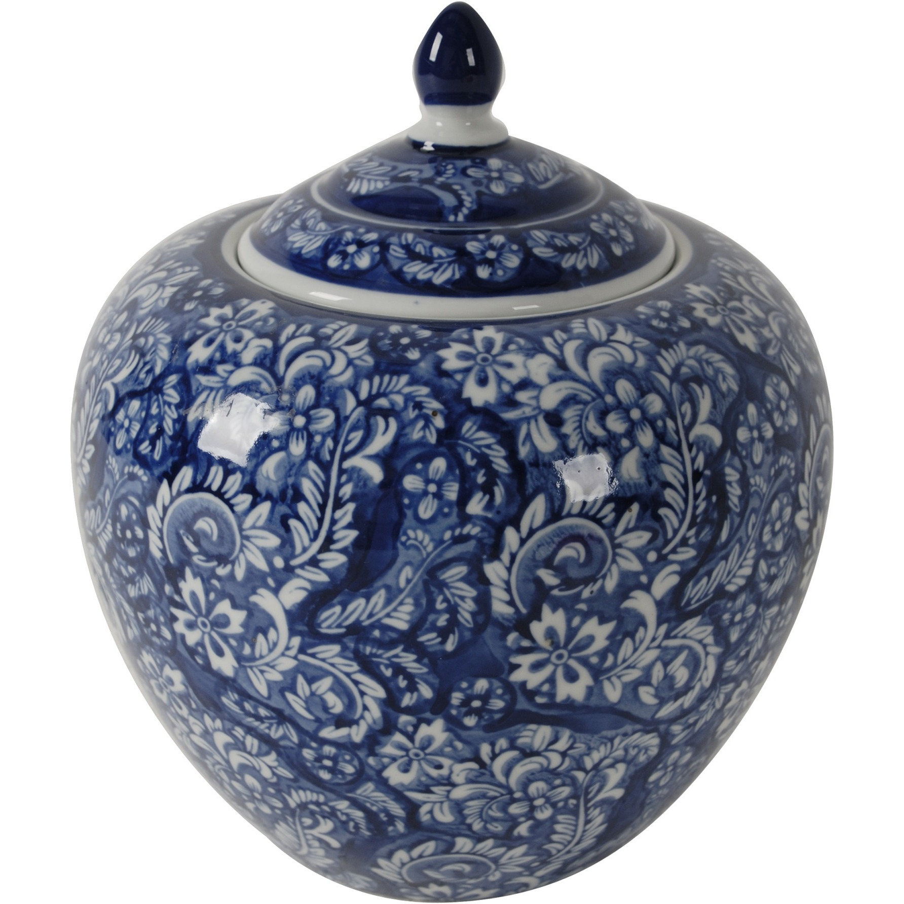 10 Inch Lidded Jar, Curved Round Persian Floral Print, Blue Porcelain